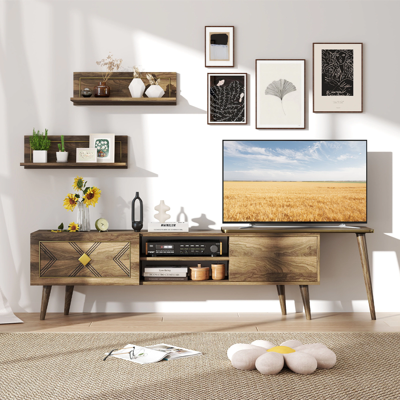 Glintex 75-Inch Mid-Century TV Stand with 2 Floating Shelves and Carved Doors, Walnut