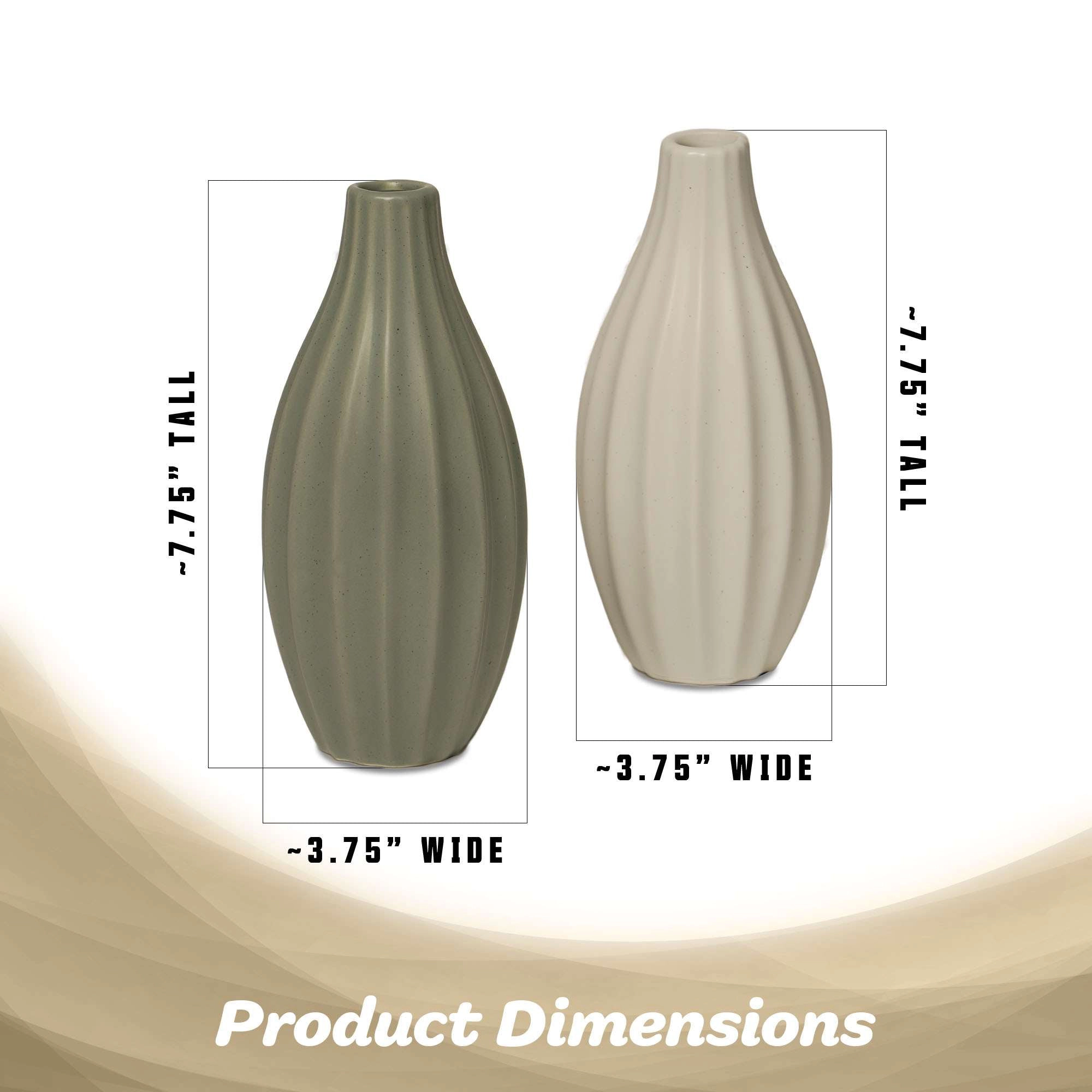 G128 Set of 2 7.75 in Ribbed Ceramic Vases Olive Green and Cream Modern Matte Home Decor