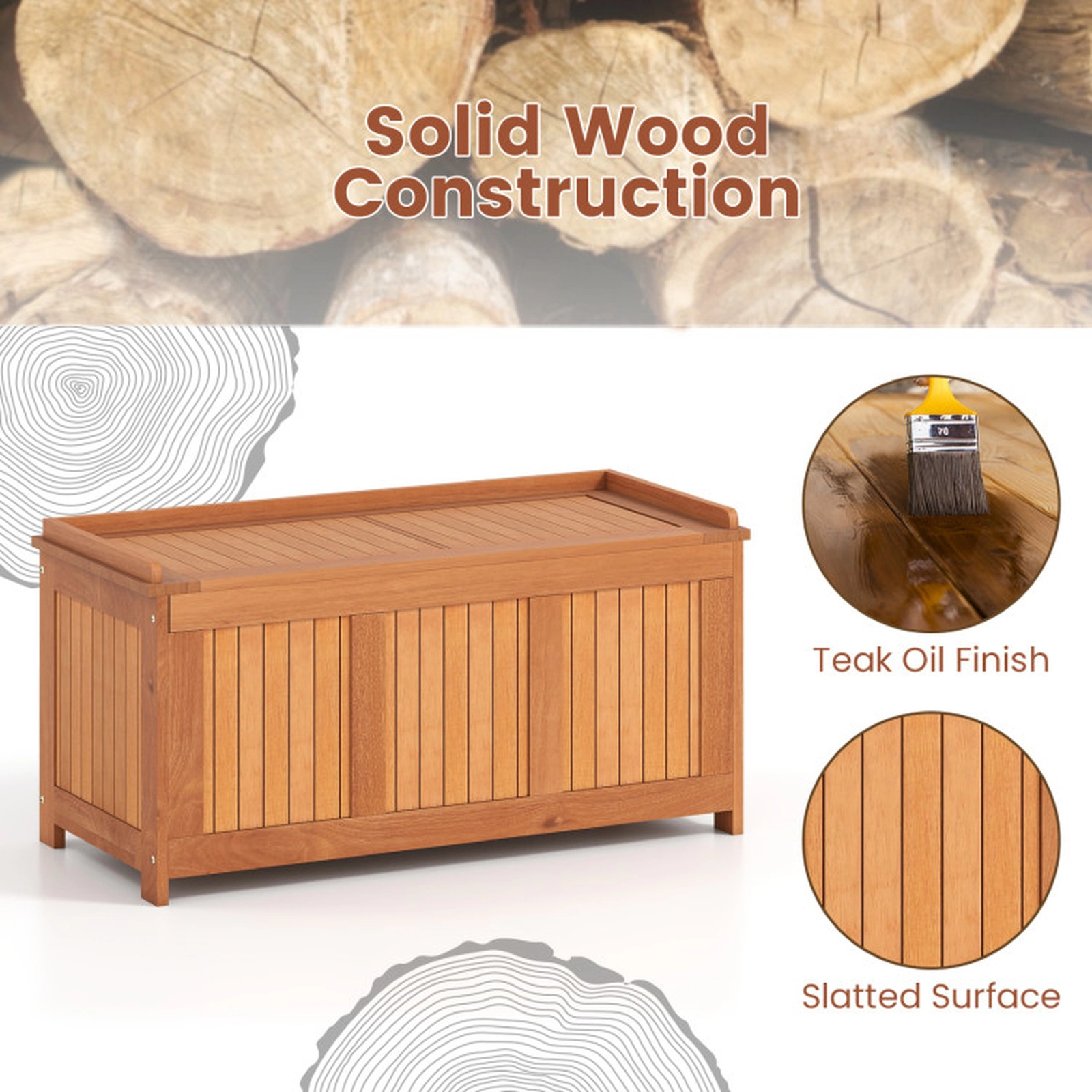 SUGIFT 52-Gallon 3-in-1 Solid Wood Patio Deck Storage Box and Coffee Table 220-lb Top 110-lb Bottom Capacities Teak