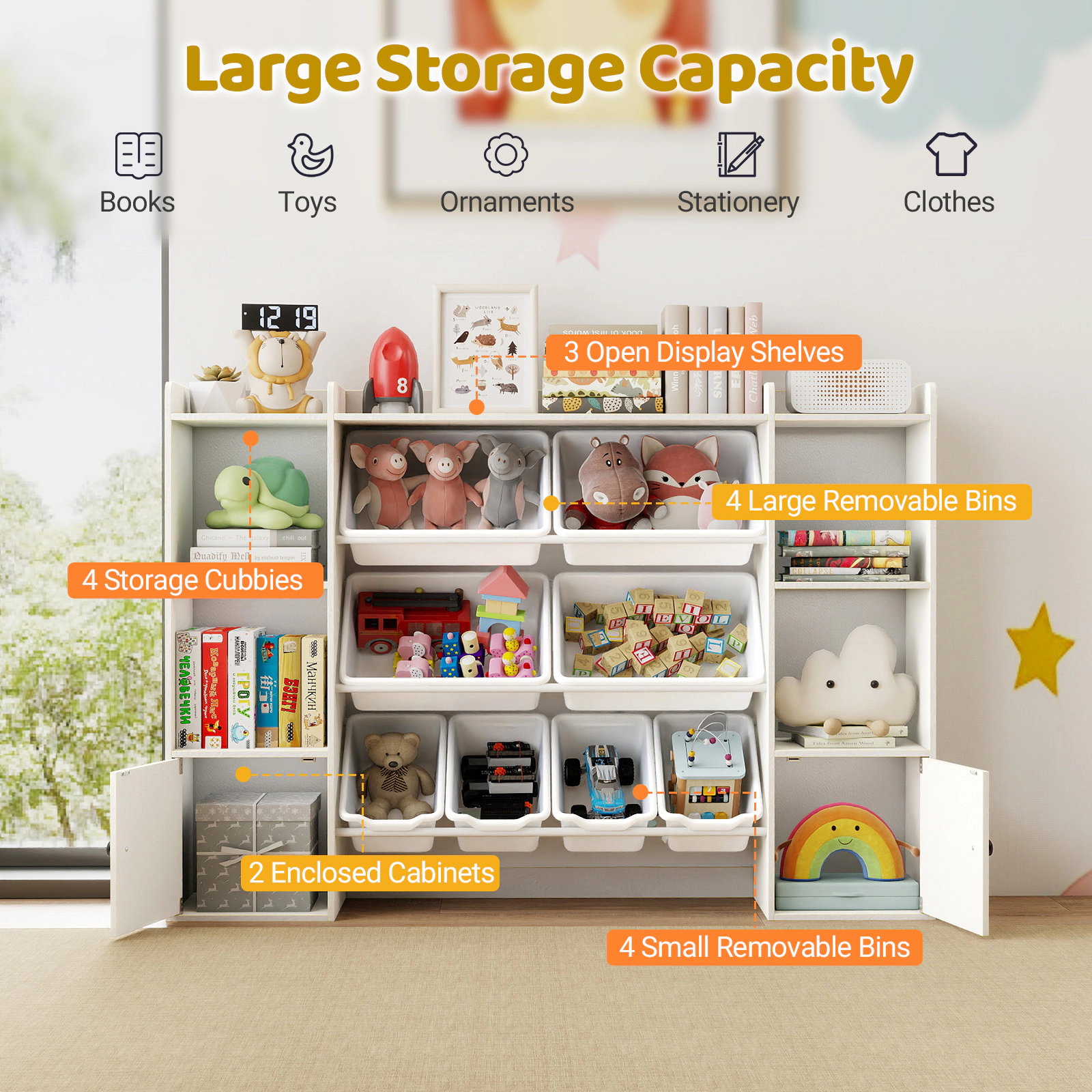 SUGIFT Kids 8 Storage Boxes 2 Cabinets Toy Organizer Bookshelf 56.5-in x 12-in x 39.5-in 385-lb Capacity Ages 3+ White