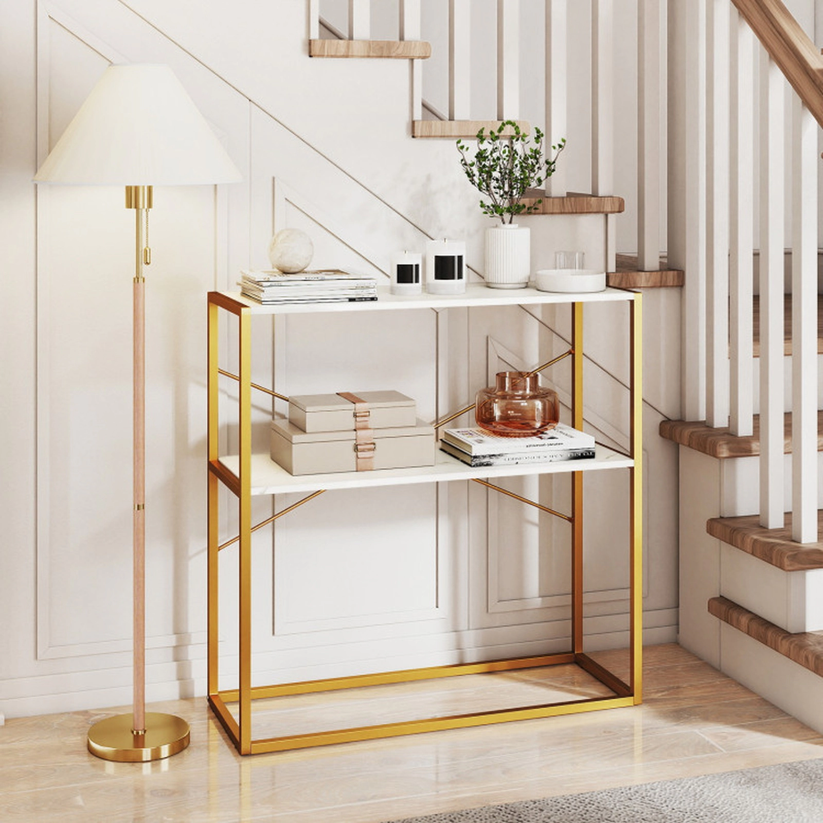 SUGIFT 2-Tier Open Shelves Gold Metal X Frame Entryway Console Table 36-in x 13-in x 36-in 66-lb per Shelf White