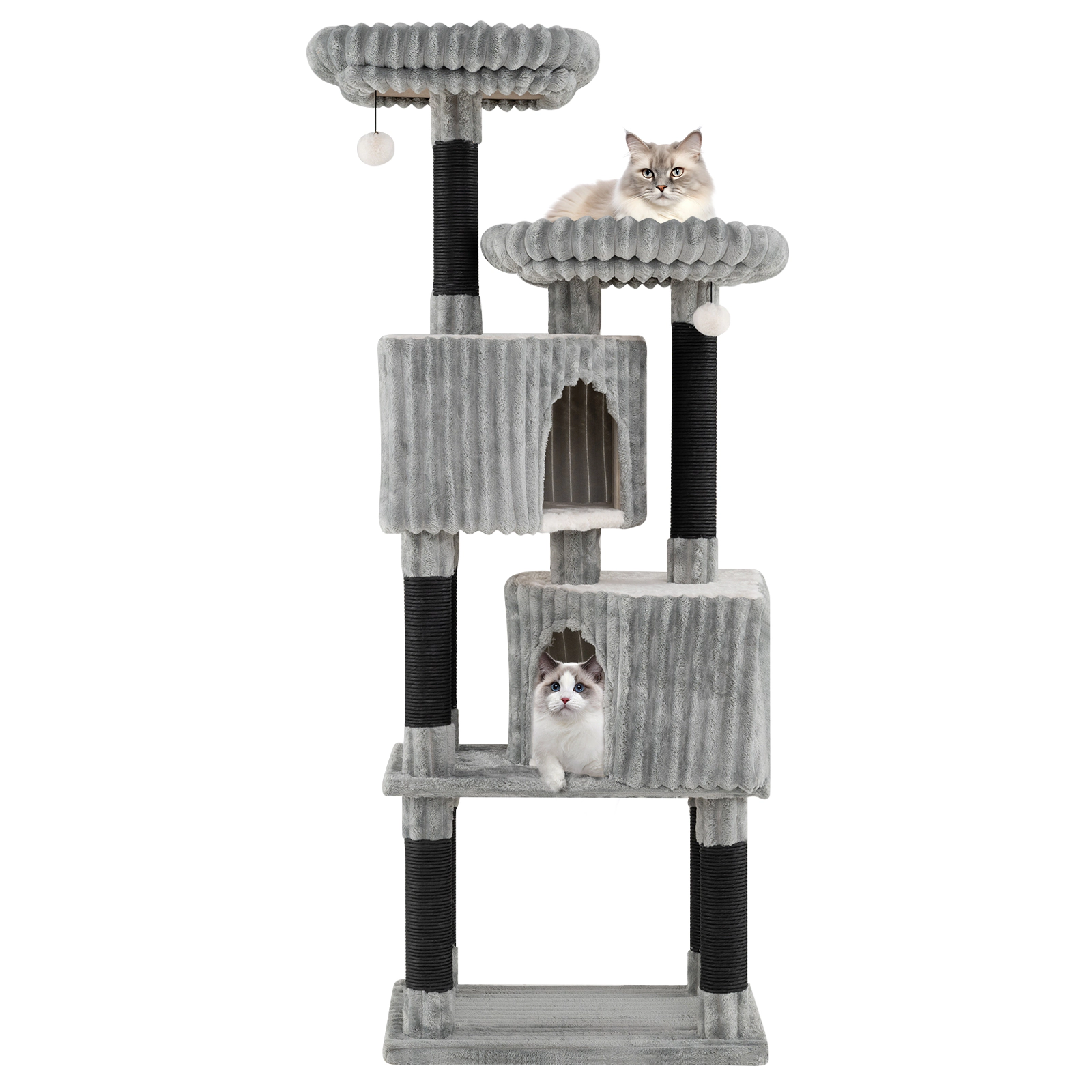 SUGIFT 62-in Light Gray Cat Tree Tower with Ribbed Flannel Covering and Faux Rabbit Fur Perches 23.5-in W