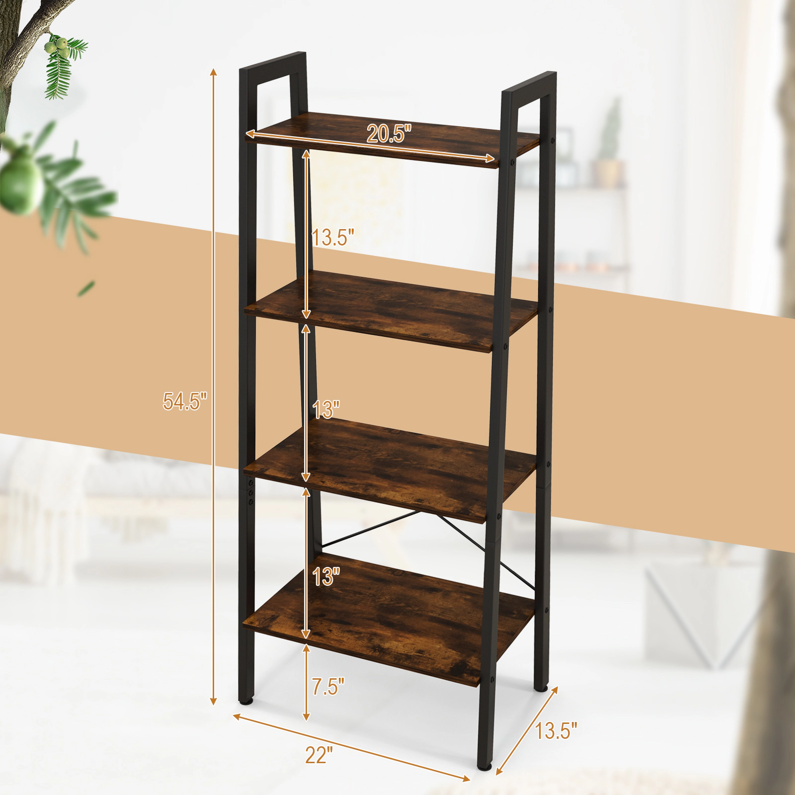 SUGIFT 4-Tier 200-lb Capacity 54.5-in Industrial Bookshelf with Powder-Coated Metal Frame and Adjustable Feet
