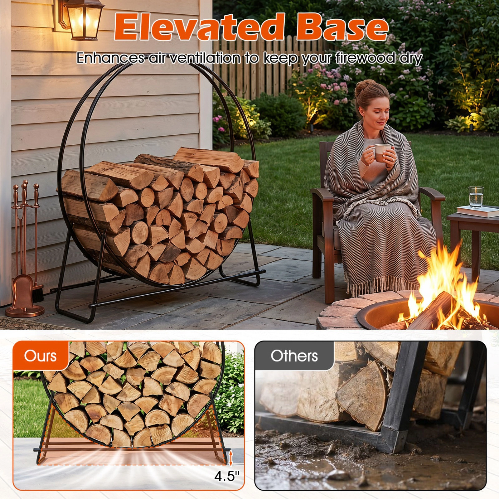 SUGIFT A-Frame Round Metal Firewood Rack 485-lb Capacity 45-in Diameter 4.5-in Elevated Base Black