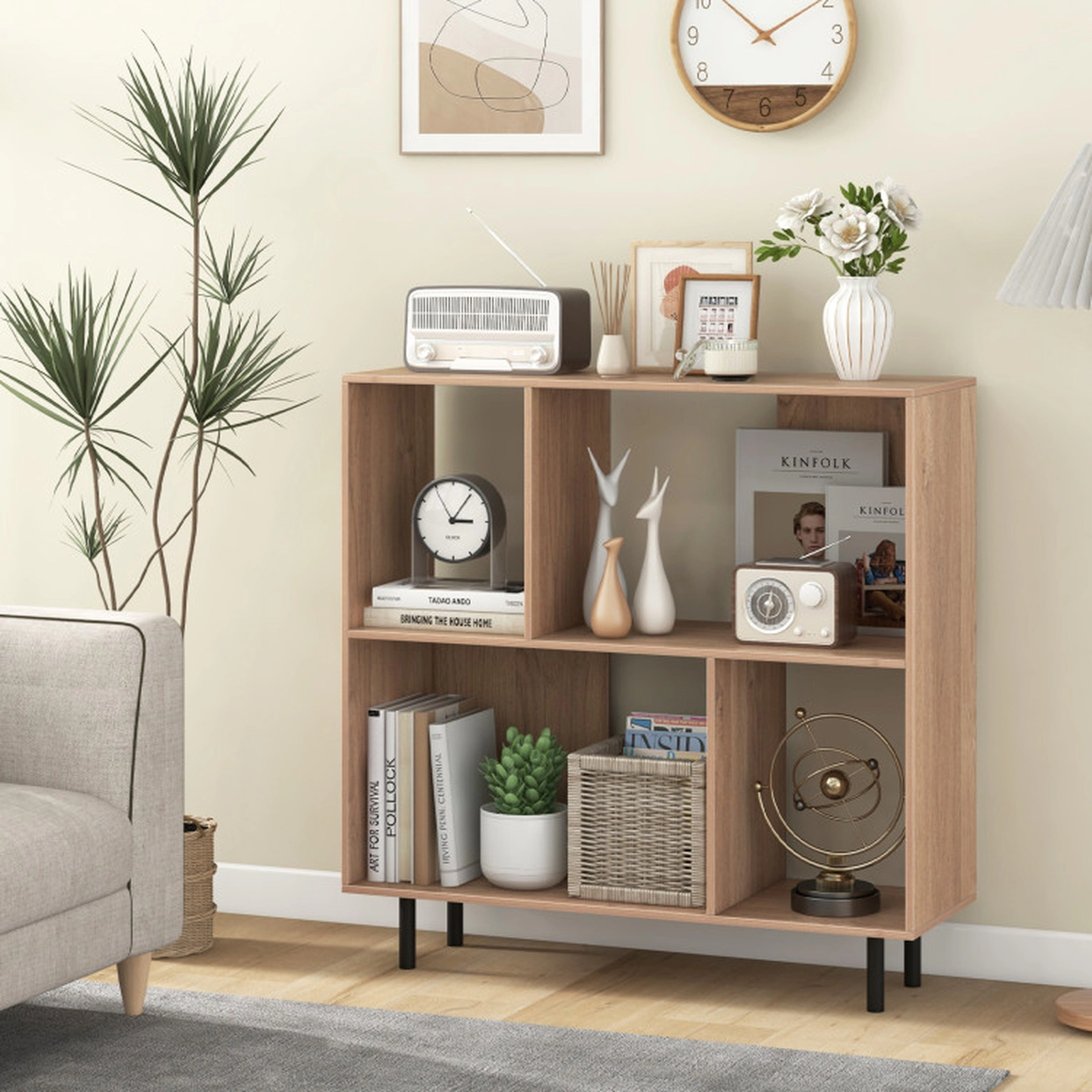 SUGIFT 4-Cube Natural 35.5-in Square Mid-Century Modern Bookshelf with Open Display Shelf and Metal Legs