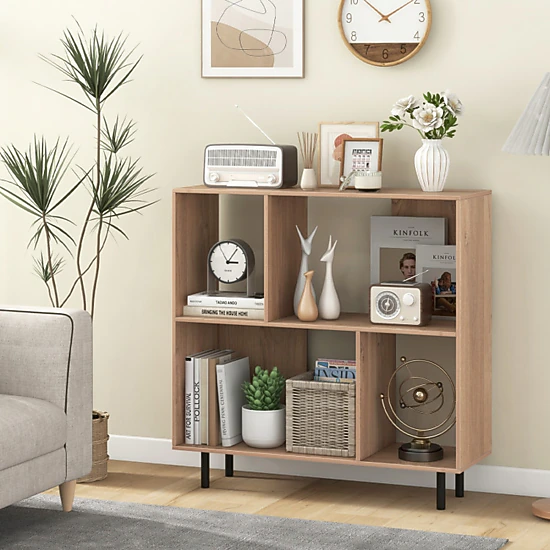 SUGIFT 4-Cube Natural 35.5-in Square Mid-Century Modern Bookshelf with Open Display Shelf and Metal Legs