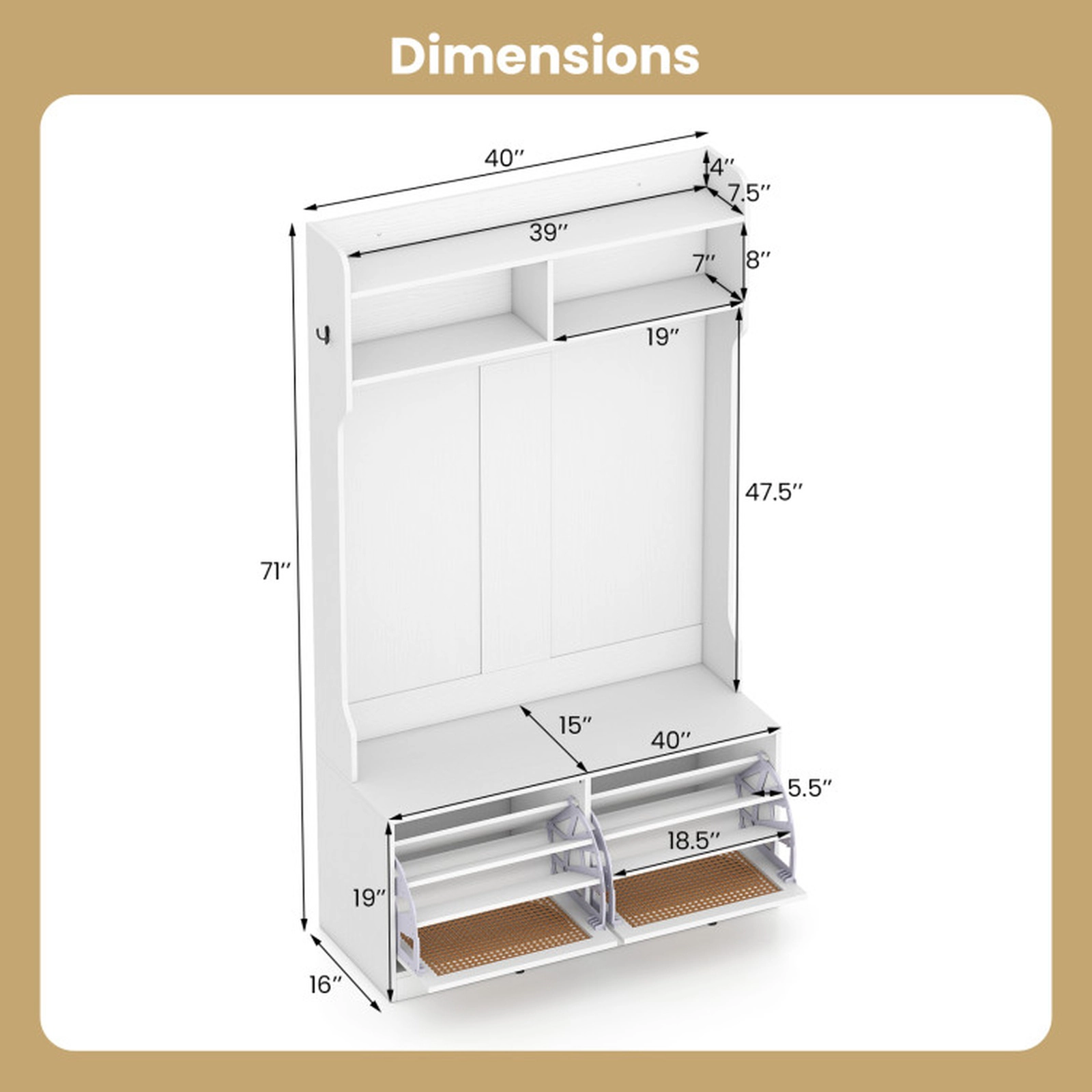 SUGIFT 40-in Wide 4-in-1 Hall Tree with Flip-Down Rattan Shoe Drawers Coat Rack and 220-lb Bench