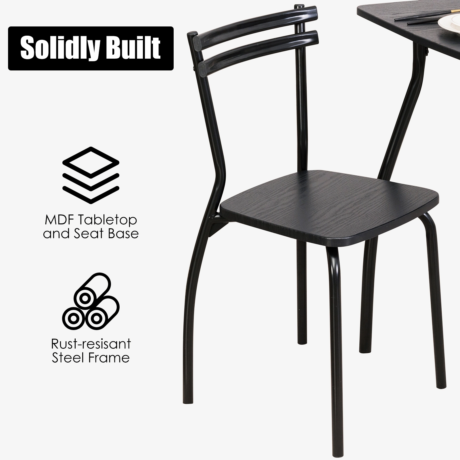 SUGIFT 5-Piece Black Steel Dining Set for 4, 42-Inch Table with Backrest Chairs