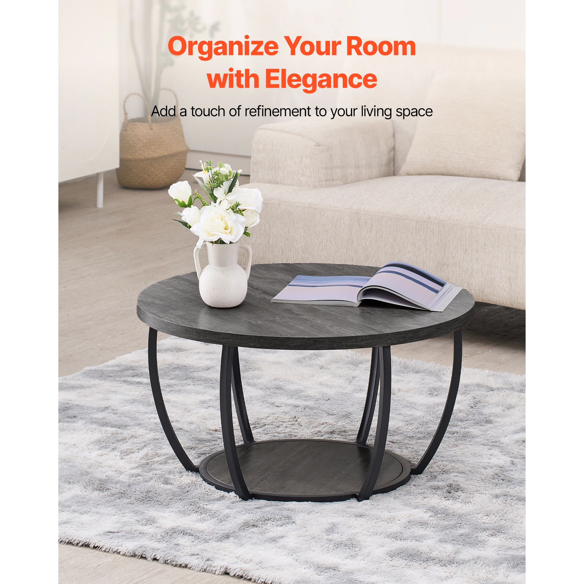HONGGE Coffee Table Modern Round Coffee Table 2 Tiers Wooden Circle Center Desk with Open Storage Minimalist Sturdy