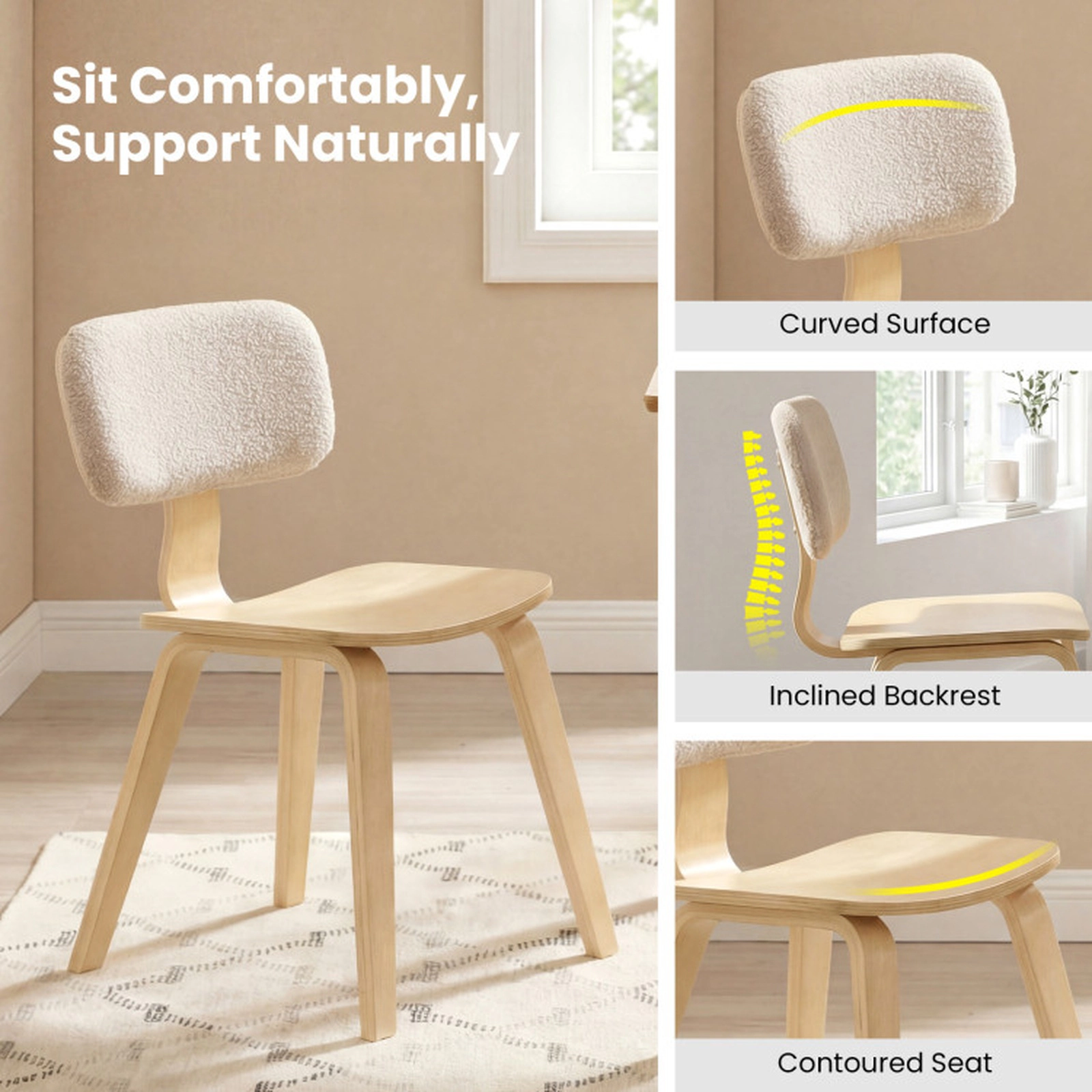 SUGIFT Set of 2 Rubber Wood Teddy Velvet Backrest Dining Chairs 20.5-in x 18.5-in x 31.5-in 330-lb Capacity Natural