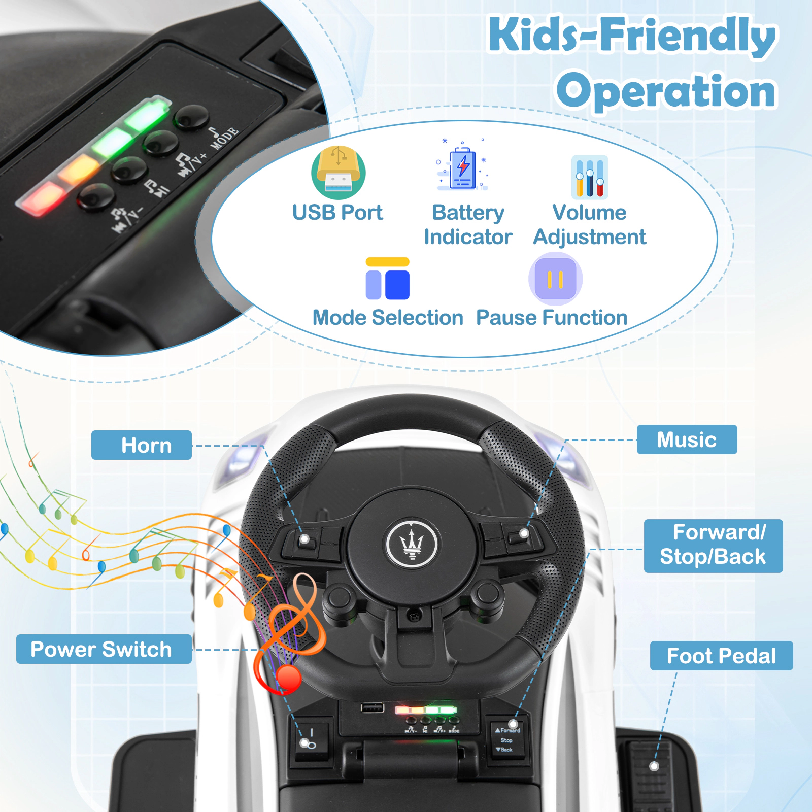 6V Electric Kids Ride on Car Pedal Start Music LED Lights USB Dashboard Under Seat Storage 18-60 Months 55-lb Limit