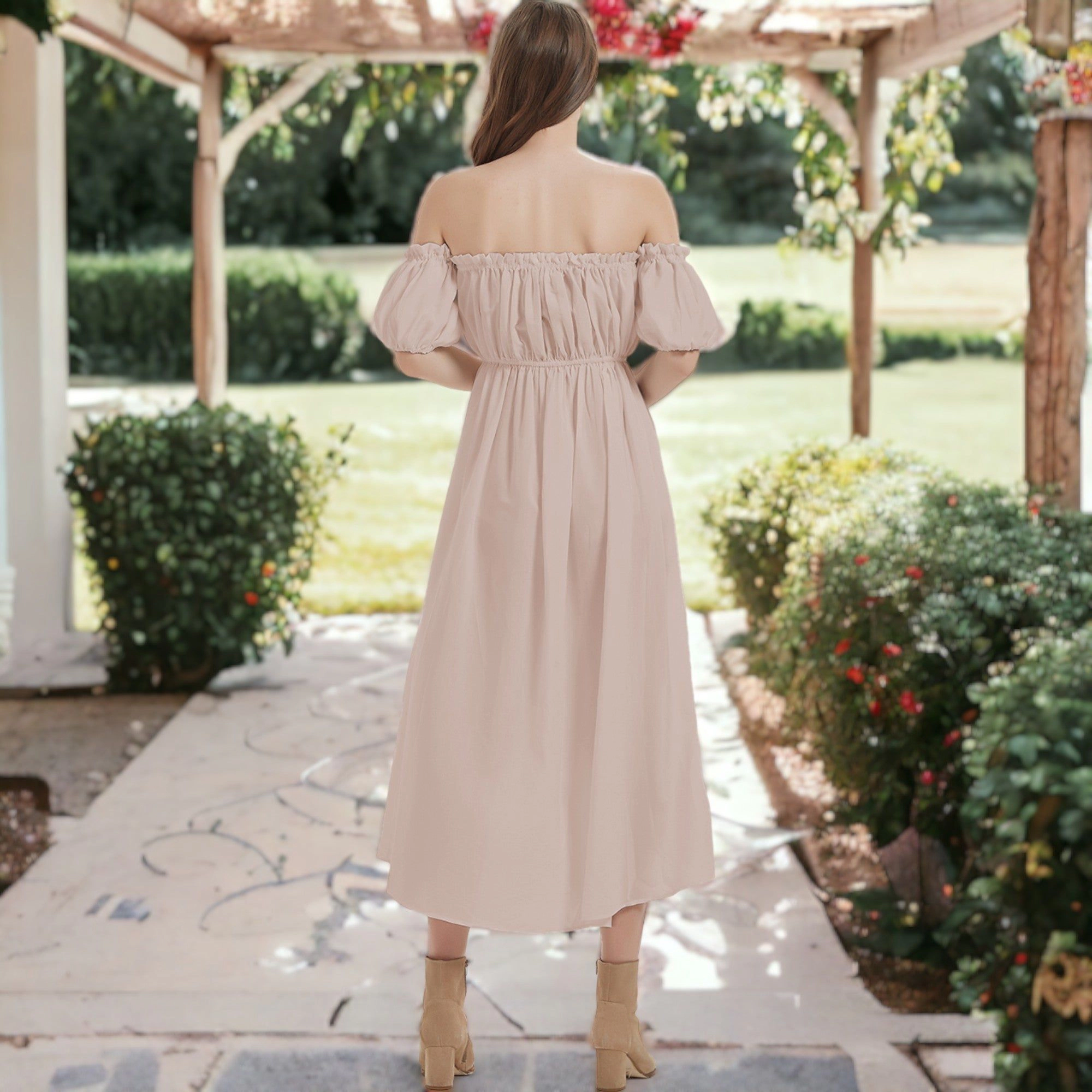 Anna-Kaci Women's Casual Boho Lantern Sleeve Off-Shoulder Midi Dress