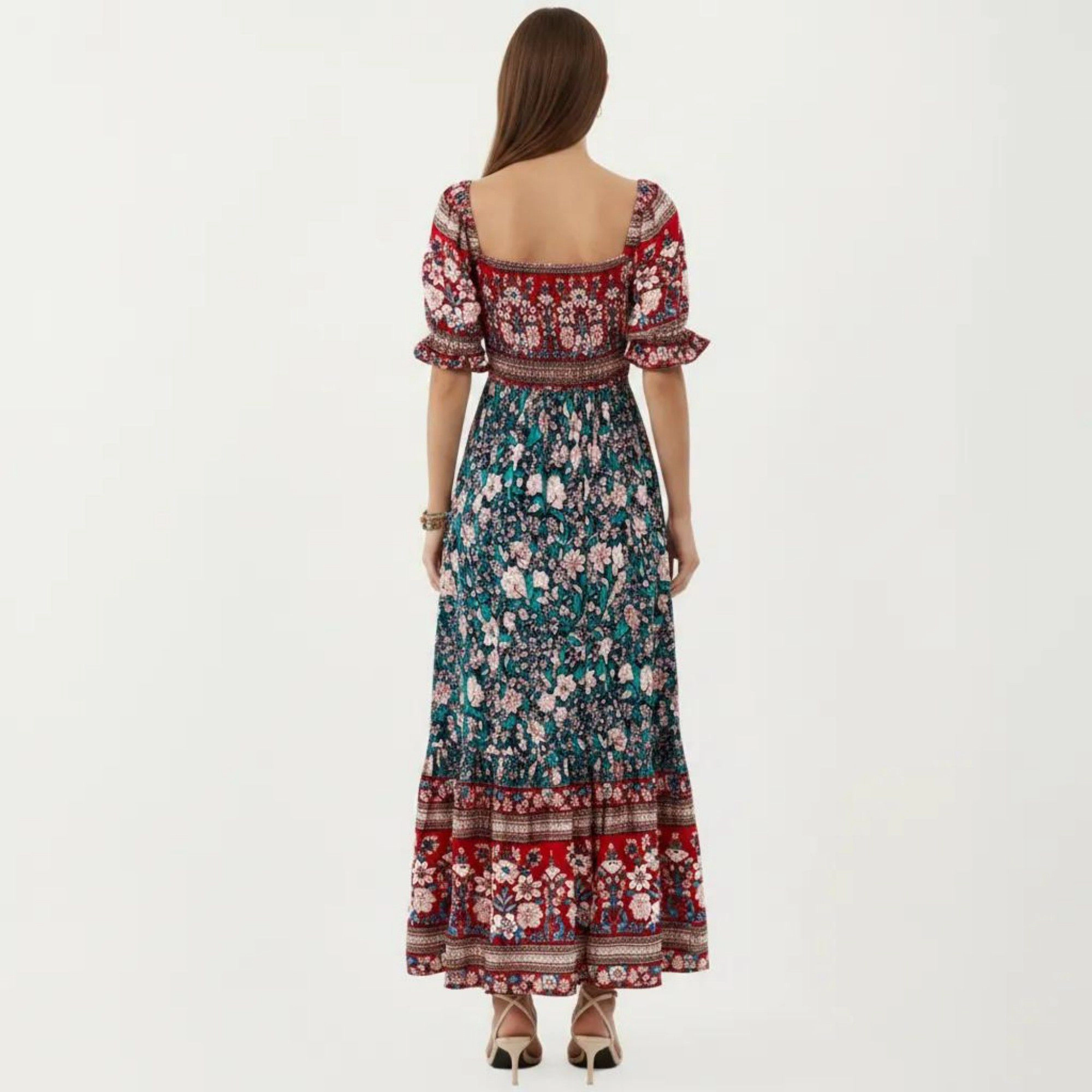 Anna-Kaci Women's Puff Sleeve Mixed Floral Print Border Hem Maxi Dress