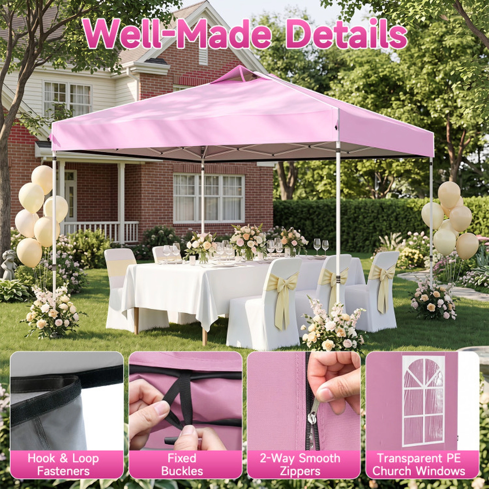 SUGIFT Pop Up Canopy Tent with 4 Sidewalls Adjustable Height Waterproof 10 x 10-ft Pink