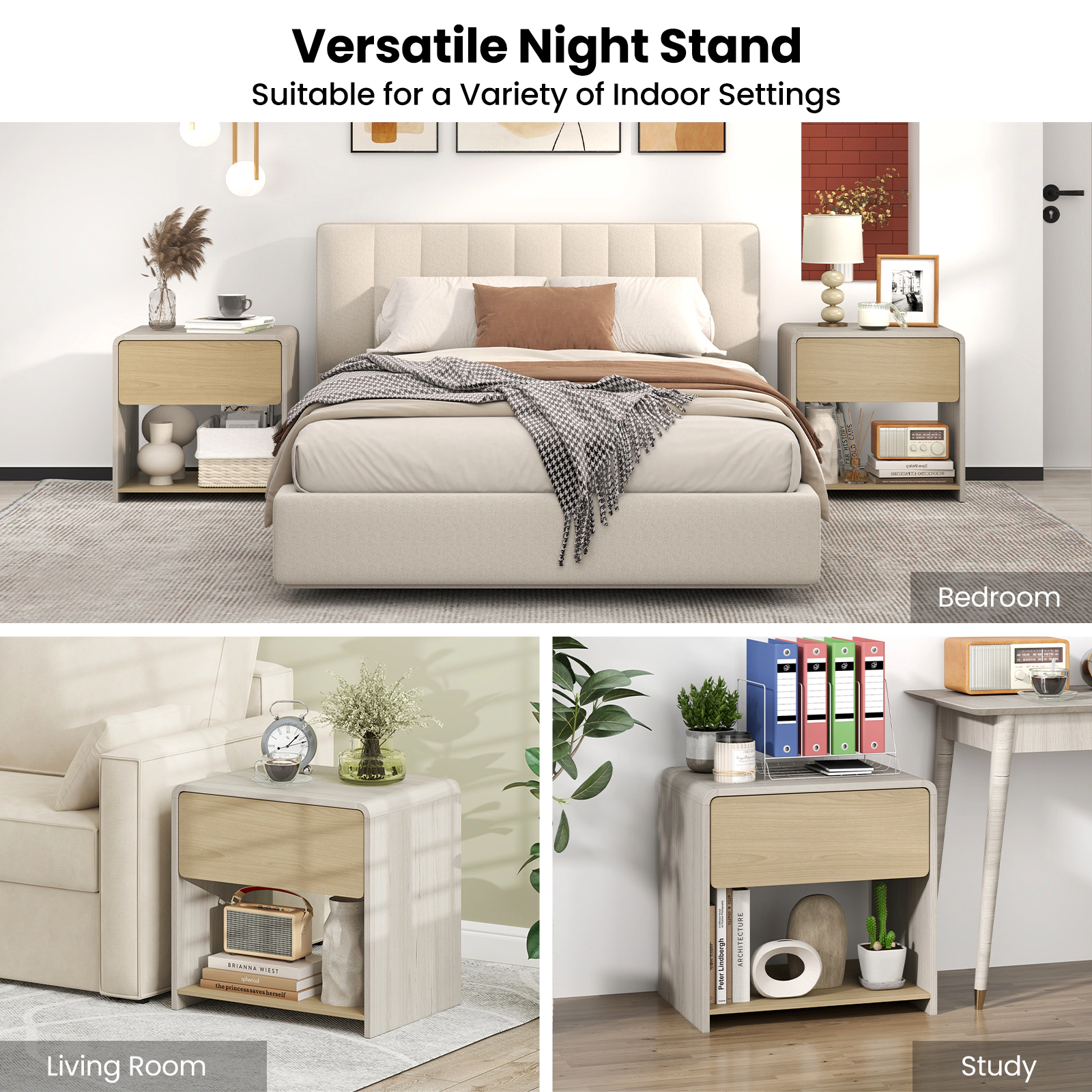 Glintex 2-Tier Nightstand with Concealed Handle and Color-Blocked Oak Finish, Oak