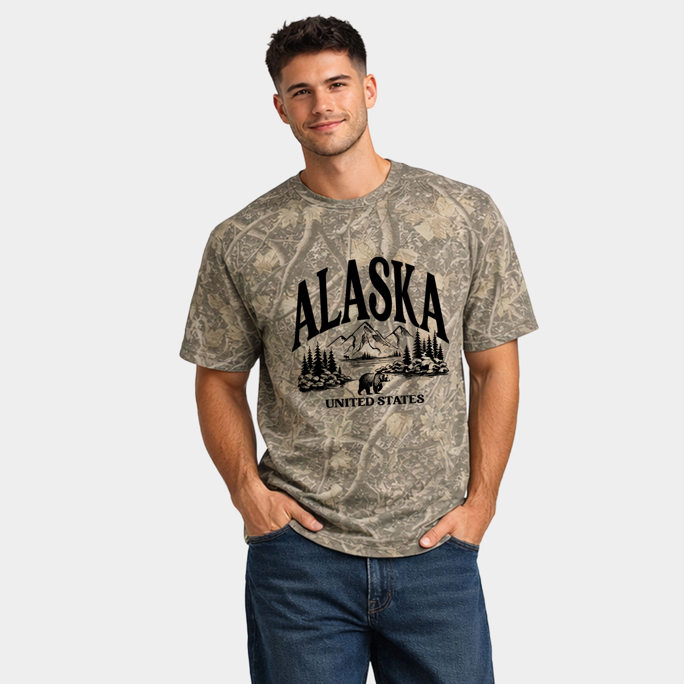 Simply Sage Market - Men's Heavyweight Camo Tee Alaska Forest Scene