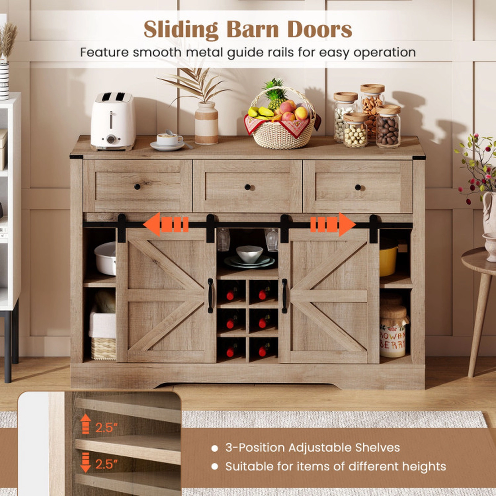 SUGIFT 52-in 240-lb Shelf Wine and Liquor Cabinet with LED Lights Remote Control and Sliding Barn Doors