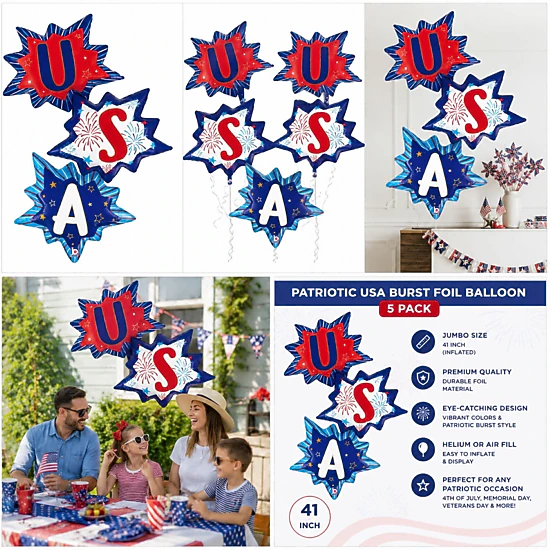 LoonBalloon 41 in Patriotic USA Burst Foil Party Balloons - 5 Pack ...