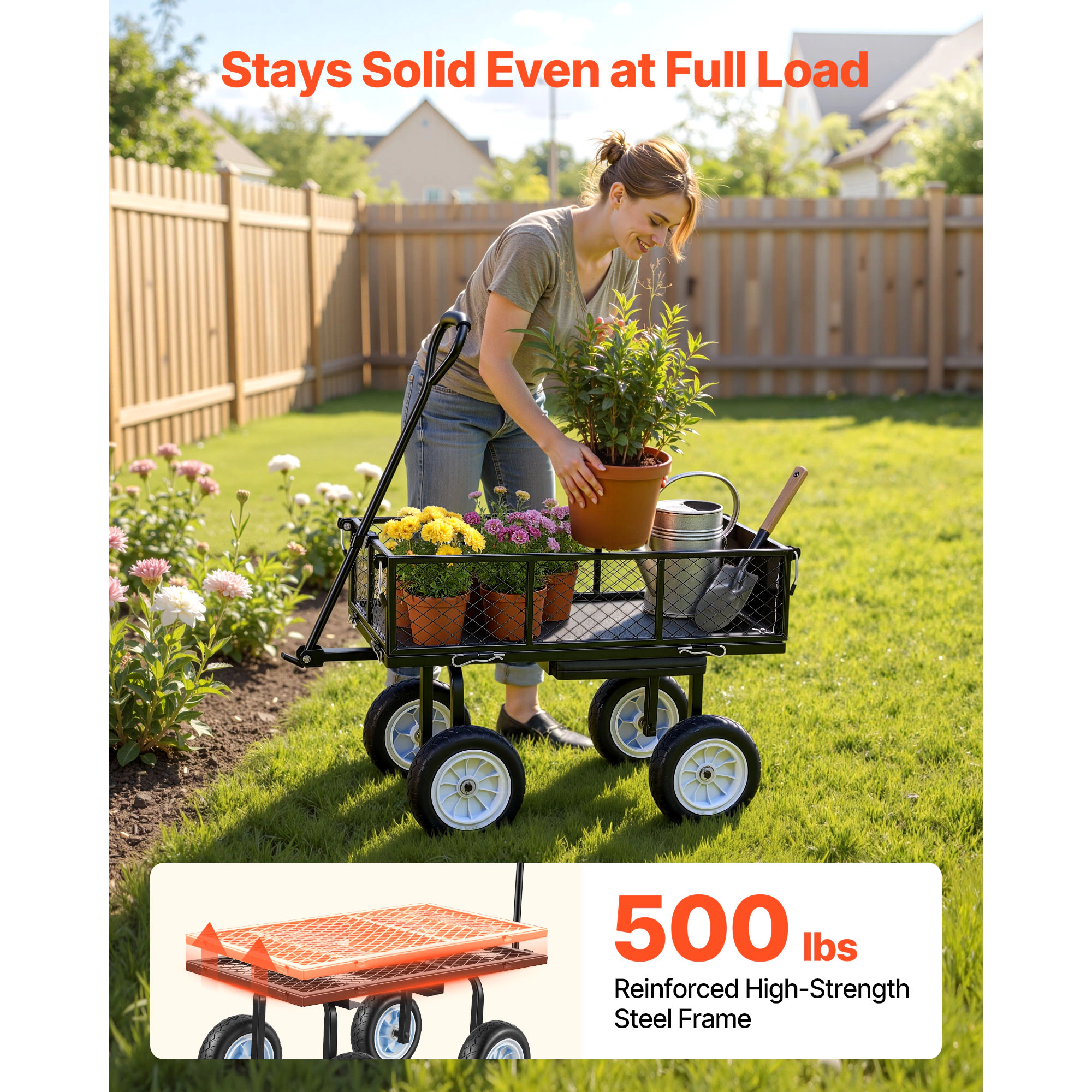 HONGGE Garden Cart with Seat 500 LBS Rolling Steel Work Wheels Heavy Duty Gardening Stool Tool
