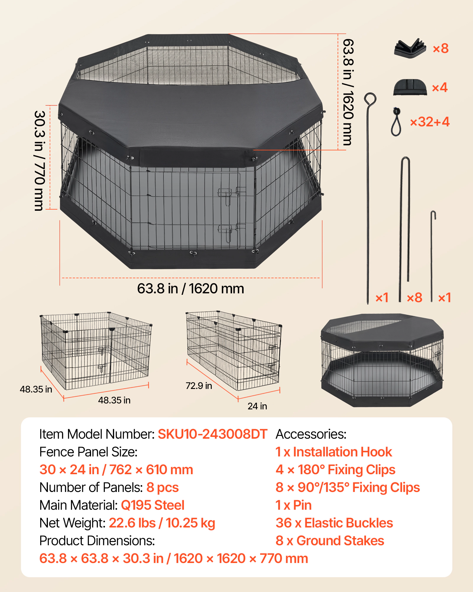 HONGGE Heavy Duty 8 Panel Dog Playpen with Door, Foldable Metal Pet Fence for Dogs, Cats, and Small Animals