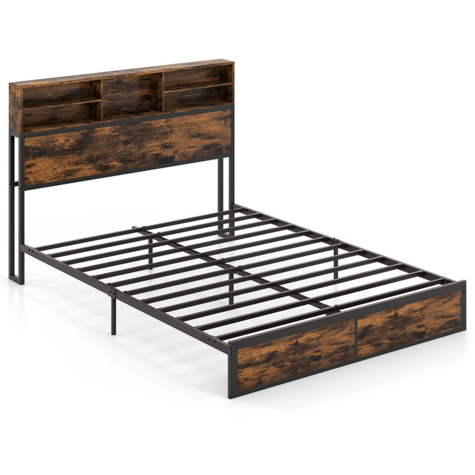 SUGIFT Storage Headboard Metal Platform Bed Frame 660-lb Capacity Queen Rustic Brown with Outlets and USB