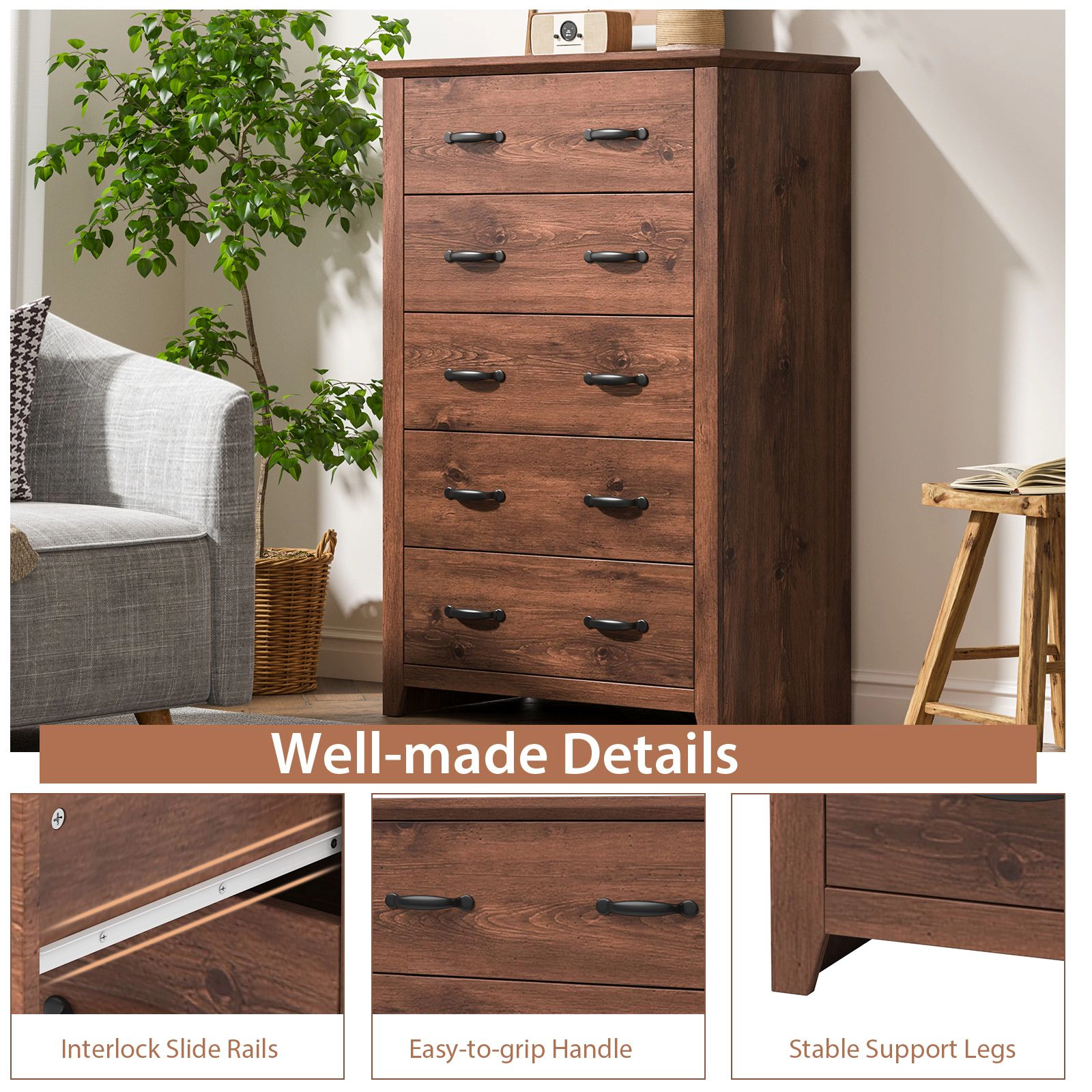 SlickBlue 5 Drawer Storage Dresser Cabinet with Wooden Grain Design
