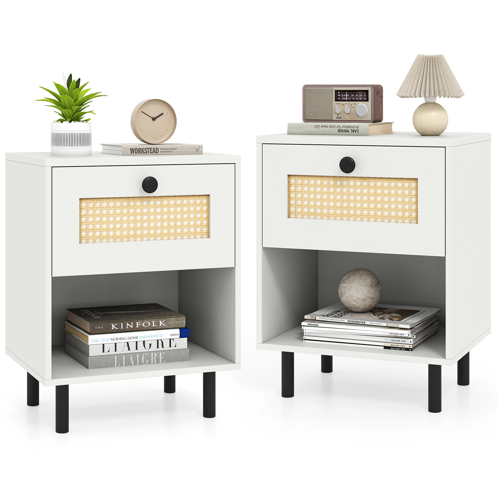 Glintex 2-Piece Boho Rattan Nightstand Set with Wooden Sprayed Handles and Metal Legs