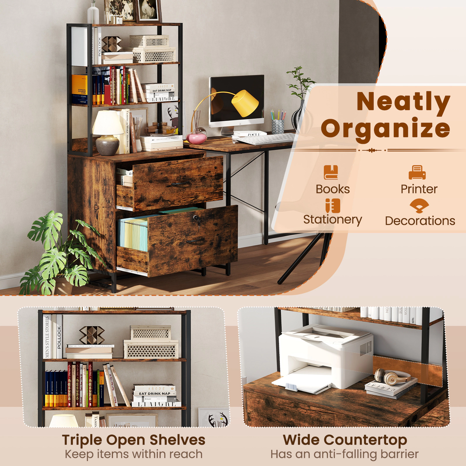 SlickBlue 62-Inch Office Filing Cabinet with Drawers and Shelves