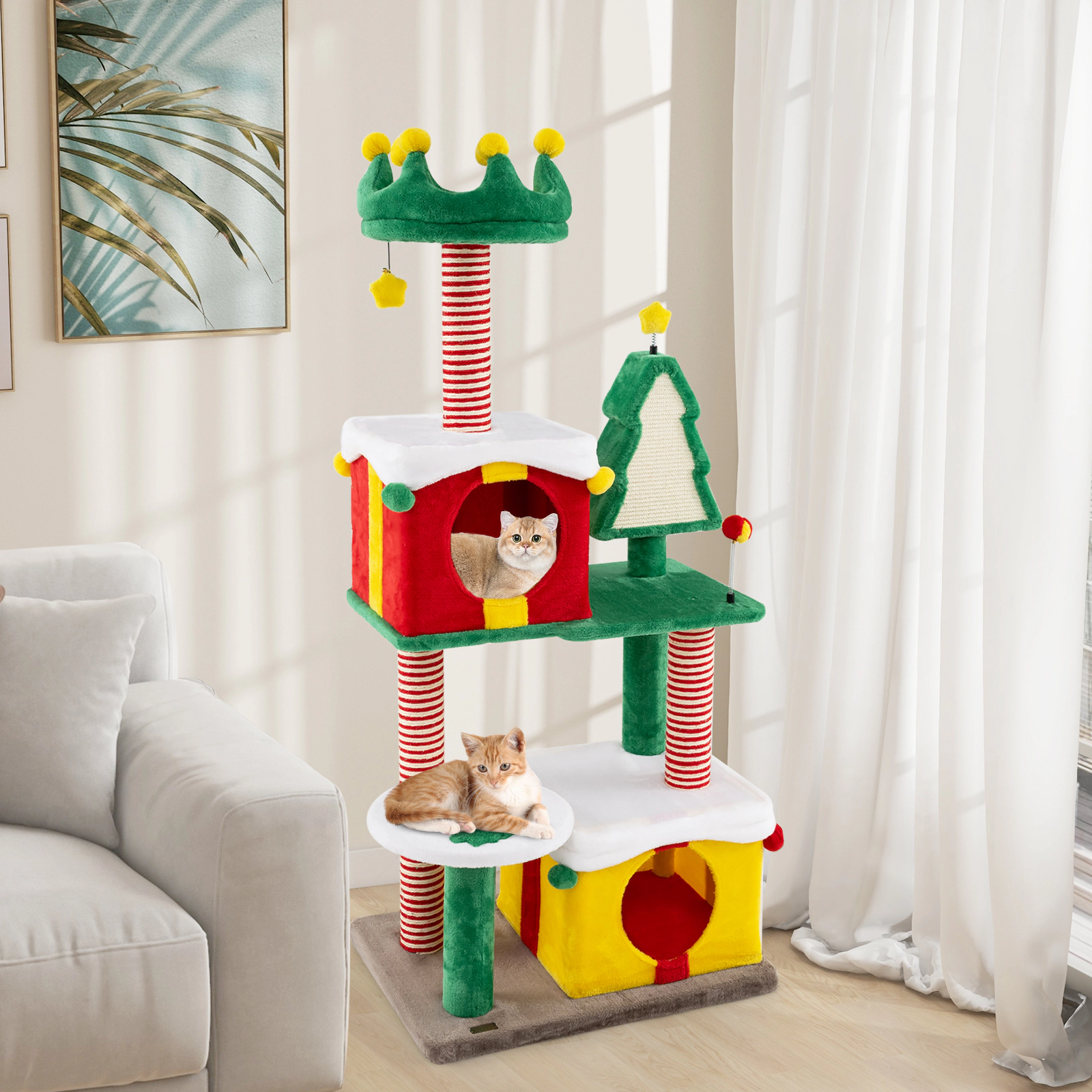 SUGIFT 61-in Christmas Cat Tree Tower with 2 Gift Box Condos Hat Perch Sisal Carpet and Bell Toys