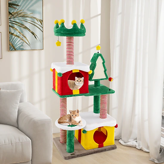 SUGIFT 61-in Christmas Cat Tree Tower with 2 Gift Box Condos Hat Perch Sisal Carpet and Bell Toys