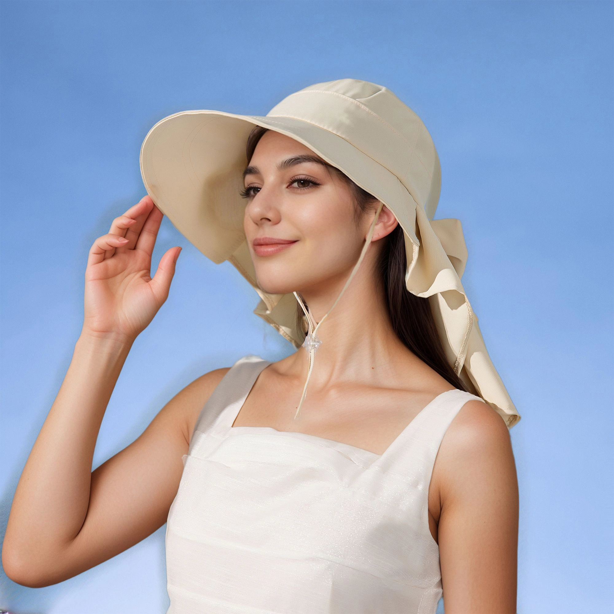 Anna-Kaci Womens Wide Brim Sun Hat UV Protection Flap Design with Back Bow Detail and Adjustable Chin Strap