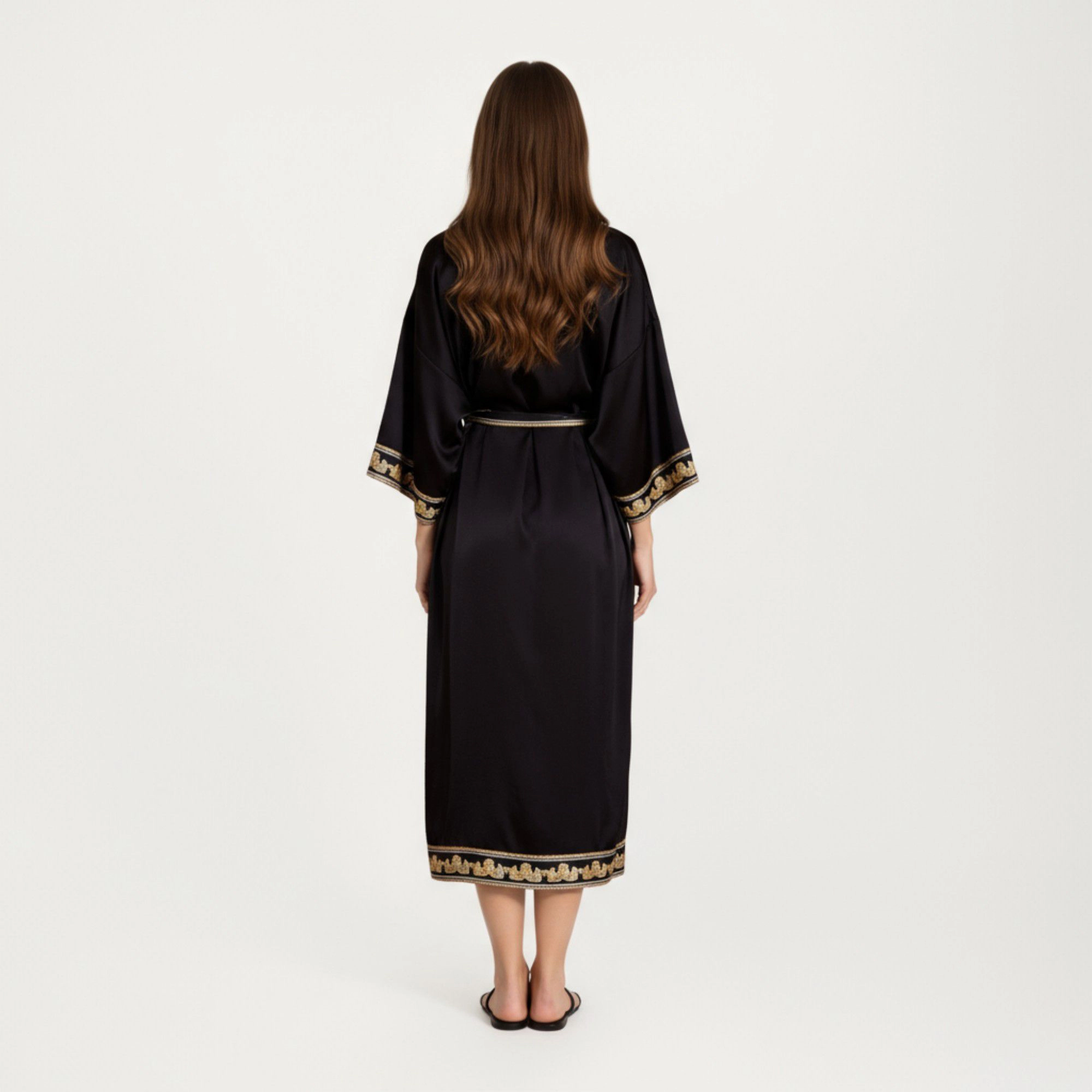 Anna-Kaci Women's Satin Long Robe with Embroidered Trim and Wide Sleeves