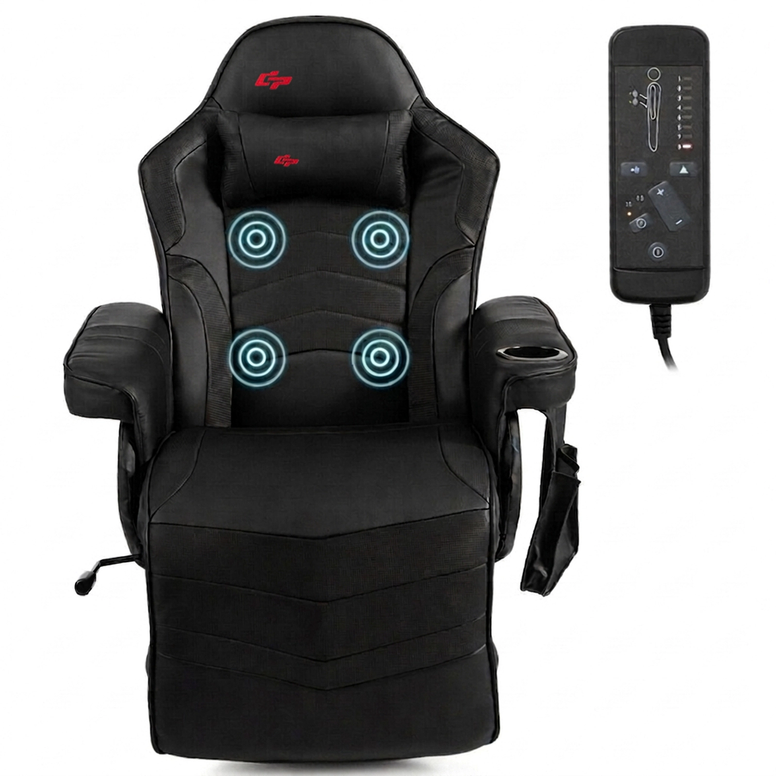 SUGIFT Black Massage Gaming Recliner Chair, 8 Modes, Footrest, Cup Holder