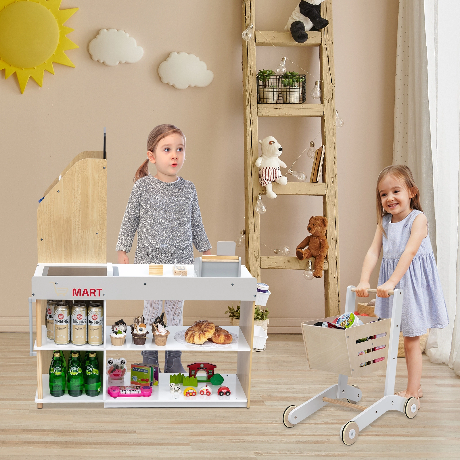 SUGIFT Grocery Store Playset Supermarket Checkout Counter with Cart Ages Over 3 Years Old Natural 21.5-in Countertop