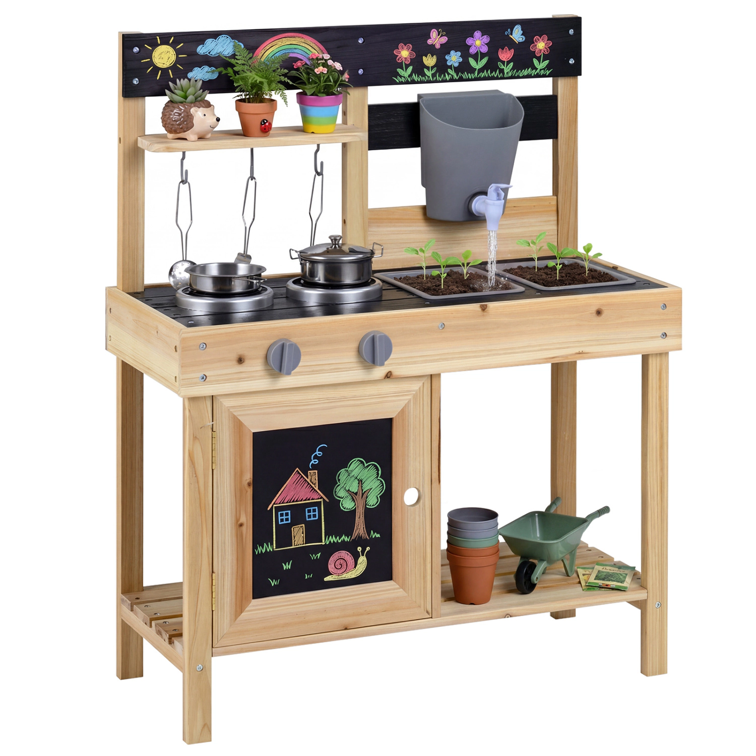 LJG Mud Kitchen Playset Kids Play Kitchen Outdoor with 2 Removable Sinks
