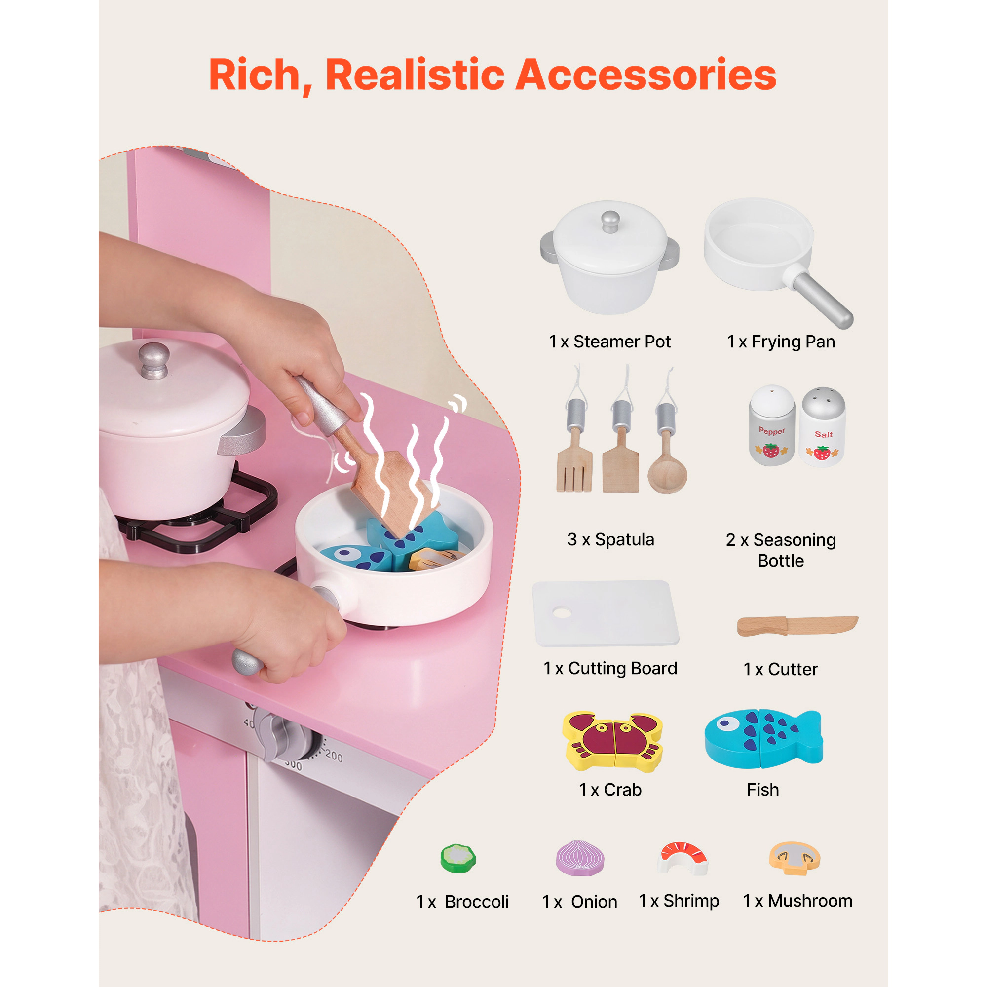 HONGGE Play Kitchen for Kids, Wooden, Kids Playset with Real Lights & Sounds, Food Cookware