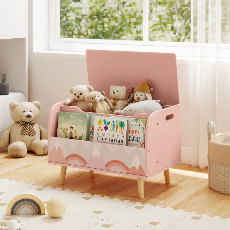 Hivvago Kids Wooden Toy Box with Front Bookshelf and 4 Solid Wood Legs for Playroom