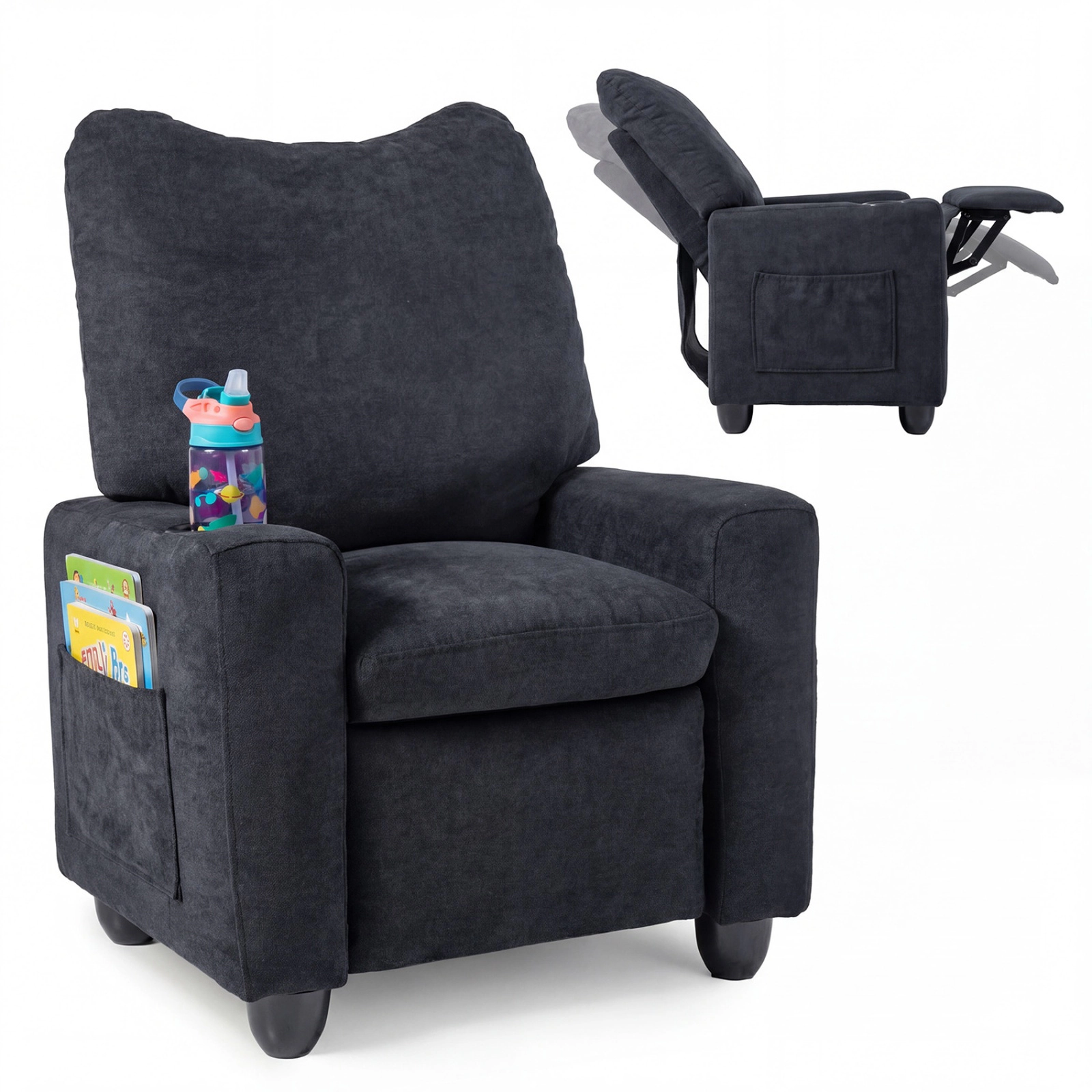 SUGIFT Kids Chenille Fabric Cup Holder Push Back Recliner 24-in x 20.5-in x 30-in 150-lb Capacity Ages 3+ Black