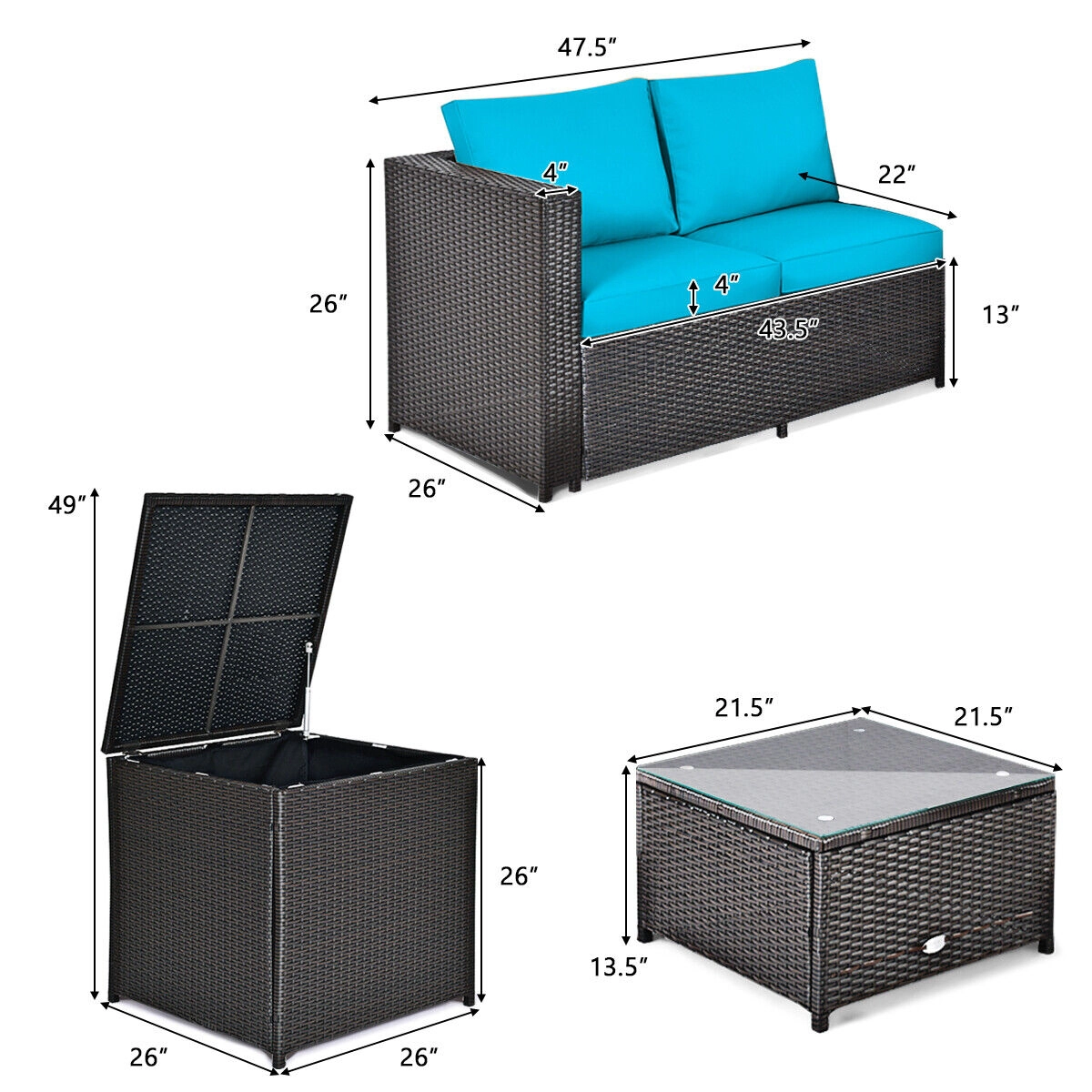 SUGIFT 4-Piece Turquoise Rattan Patio Set with Cushioned Loveseat, Glass Coffee Table and Storage Table