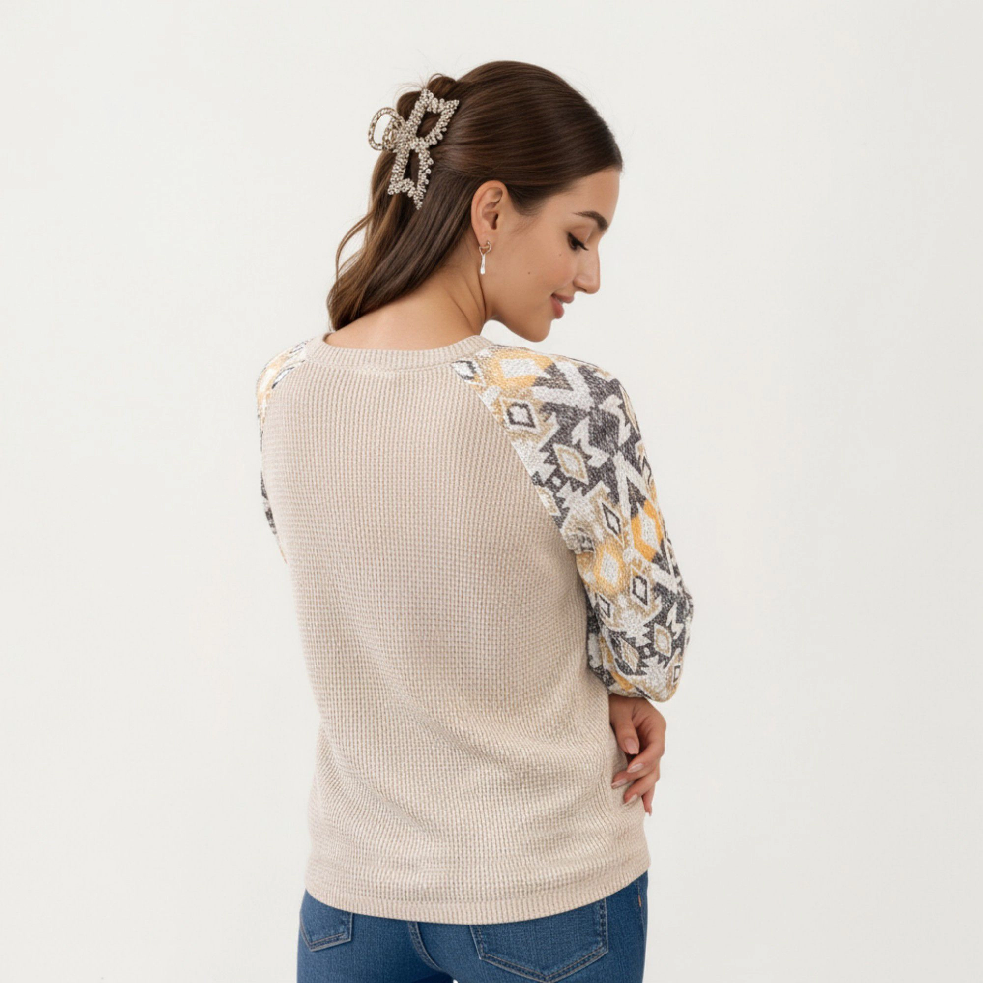 Anna-Kaci Women's Long Sleeve Knit Top with Geometric Pattern Sleeves Textured Body