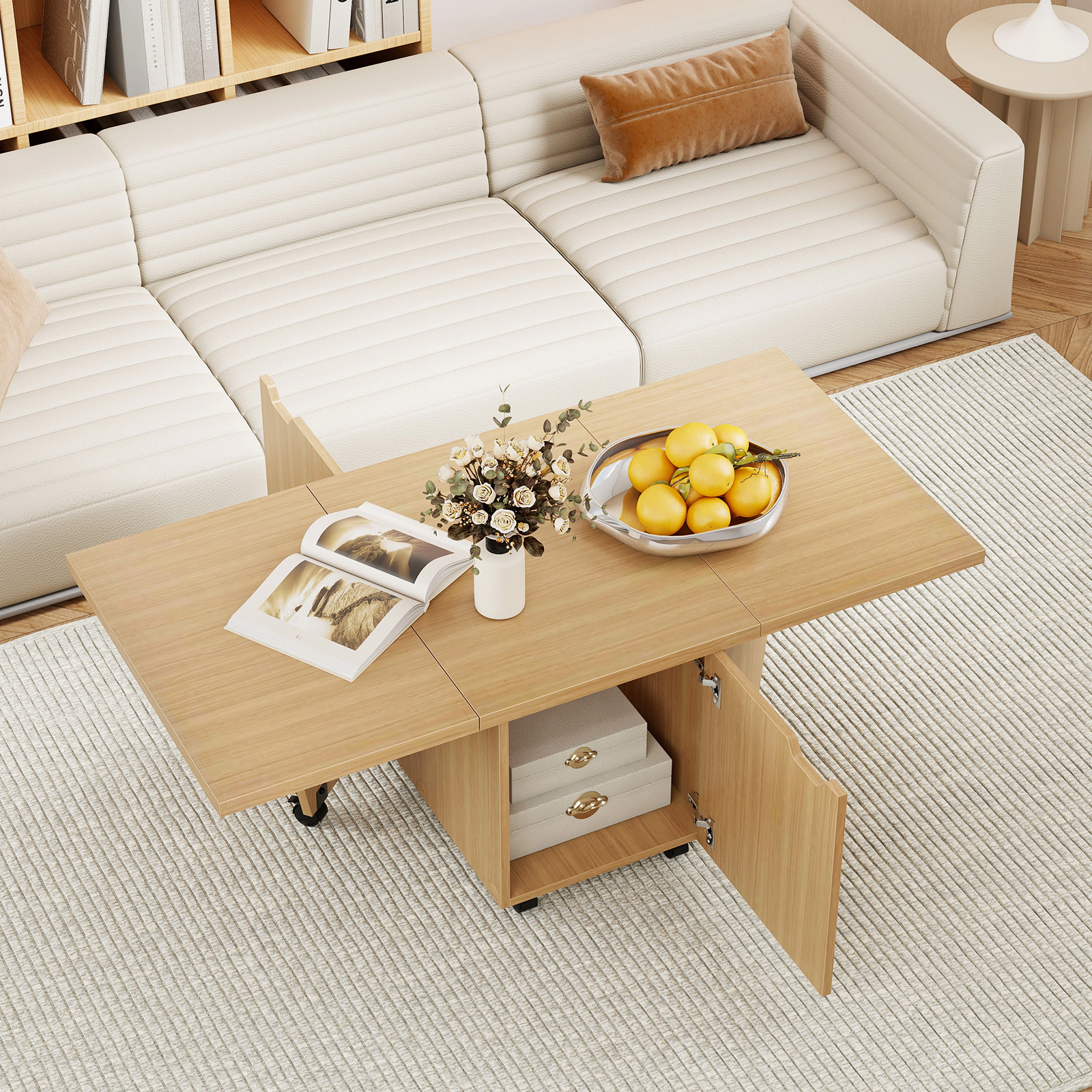 LJG Foldable Coffee Table with Storage Cabinet Extendable Center