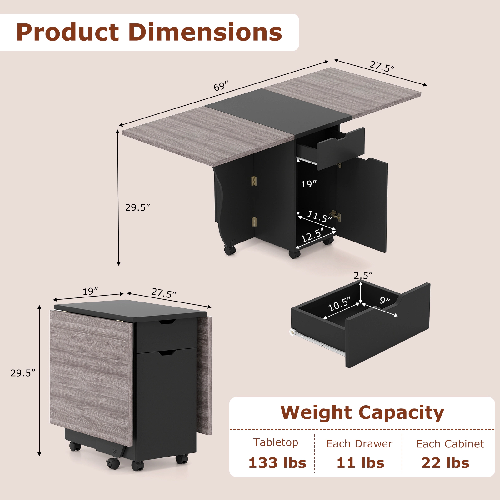 LJG Folding Dining Table 3-in-1 Space-Saving Drop Leaf Kitchen with Lockable Wheels