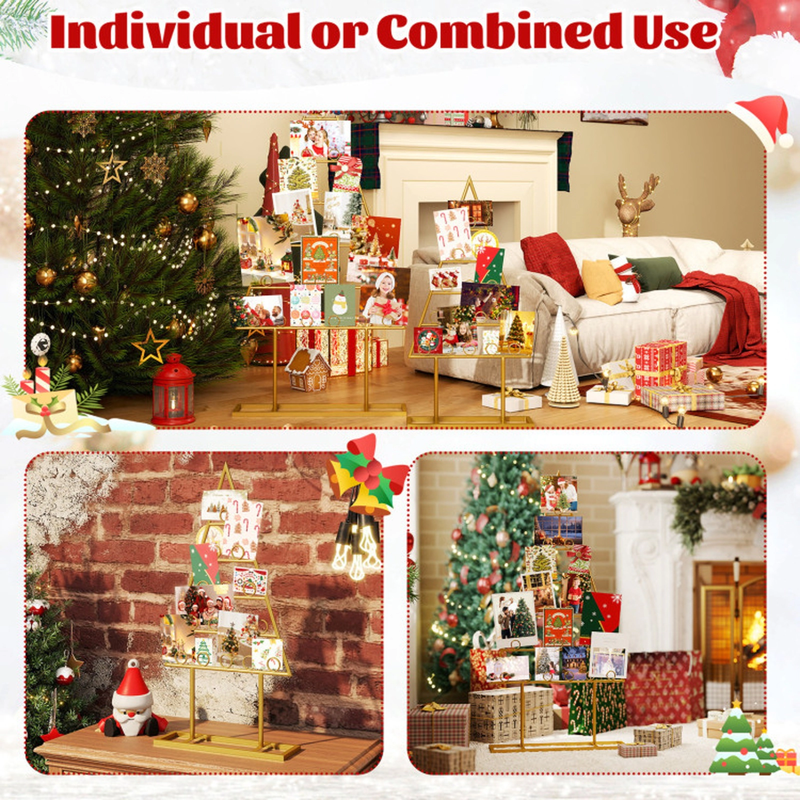 SUGIFT 2-Pack Metal Christmas Tree Photo Holder Stands with 36 Round Clips Black/Golden