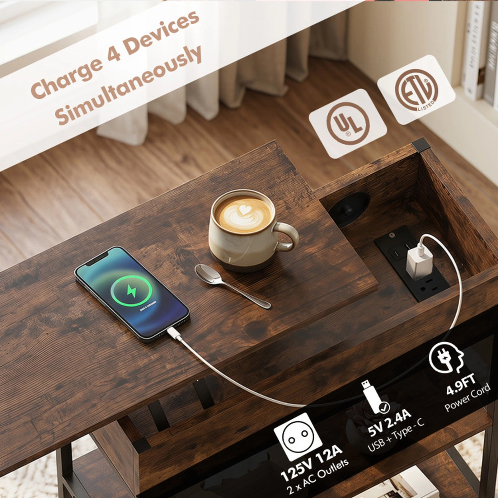SUGIFT Narrow Lift Top End Table with Charging Station and Wheels 121-lb Capacity Rustic Brown