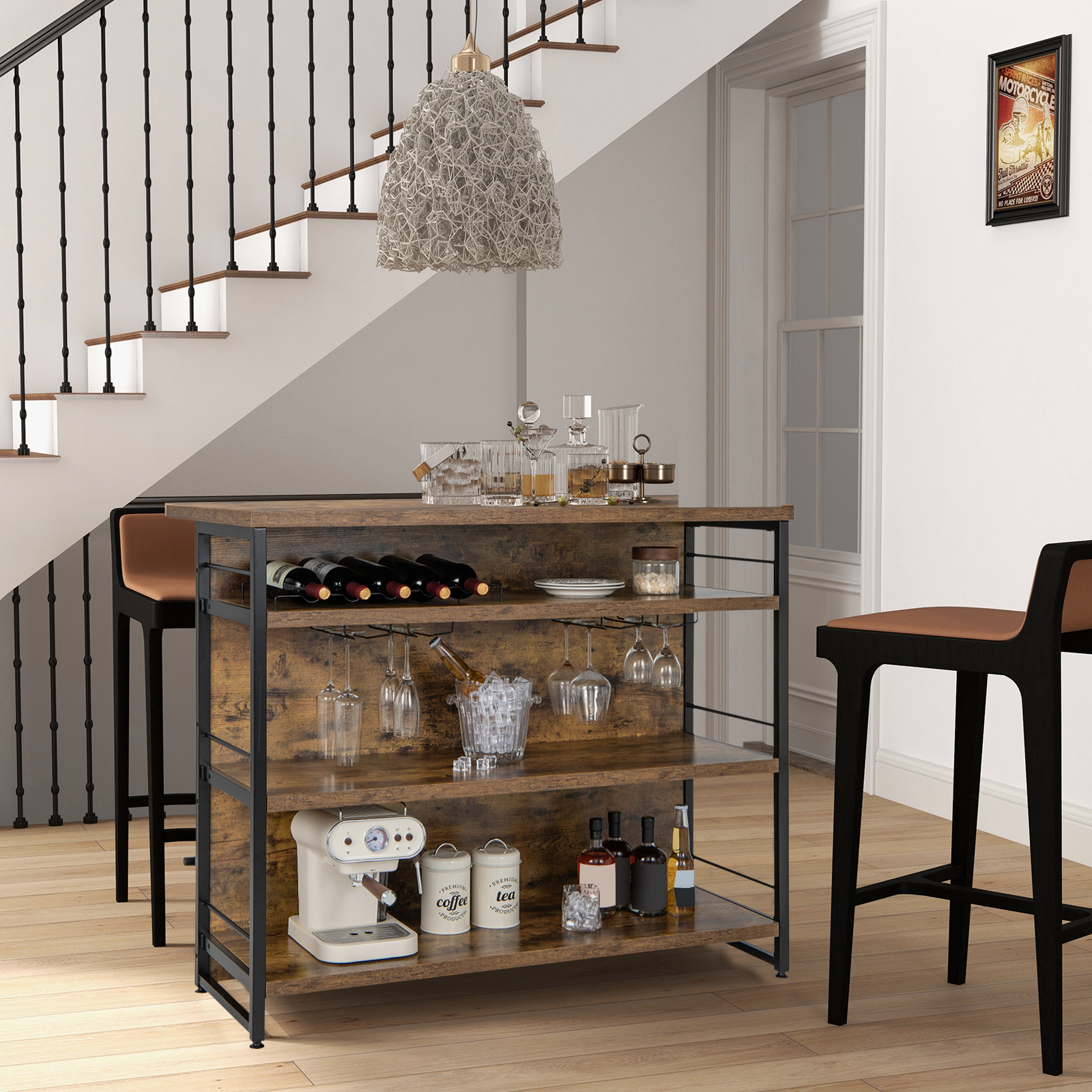 SUGIFT Kitchen Island 4-Tier Storage Shelf & Long Footrest 150-lb Tabletop Capacity 60-lb Shelves Rustic Brown/Black