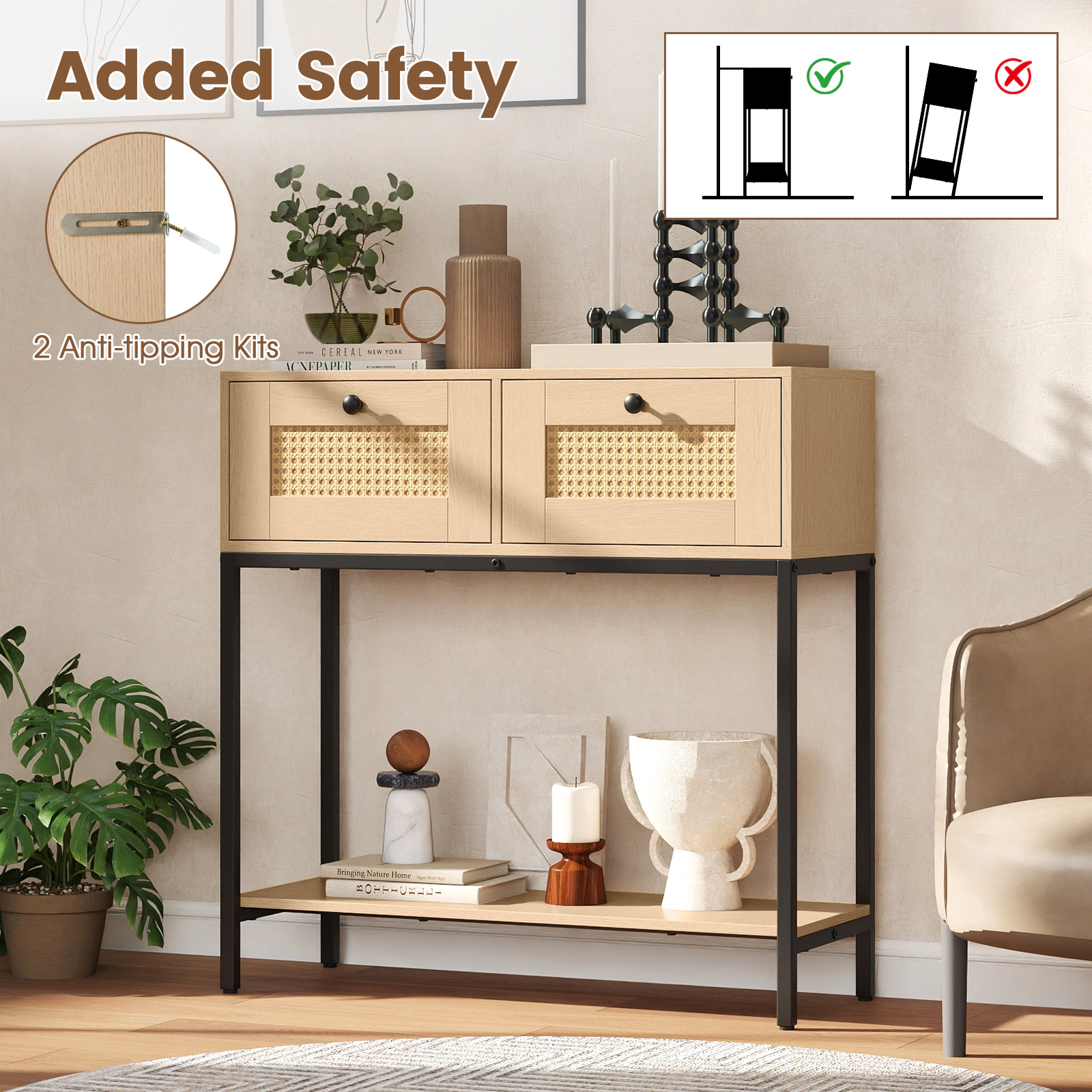 Hivvago Rattan Console Table Boho Entryway Table with 2 Rattan Drawers and Open Storage Shelf