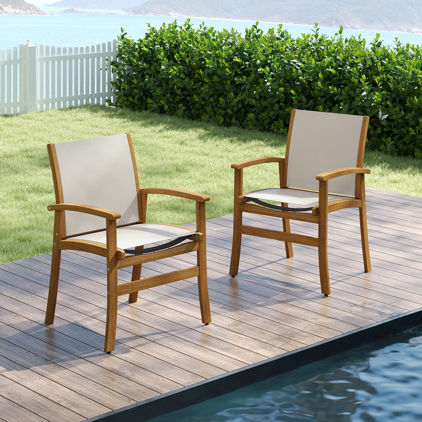 SUGIFT Set of 2 Acacia Wood Patio Dining Armchairs with Breathable Fabric Seat 400-lb Capacity Natural and Gray or Beige