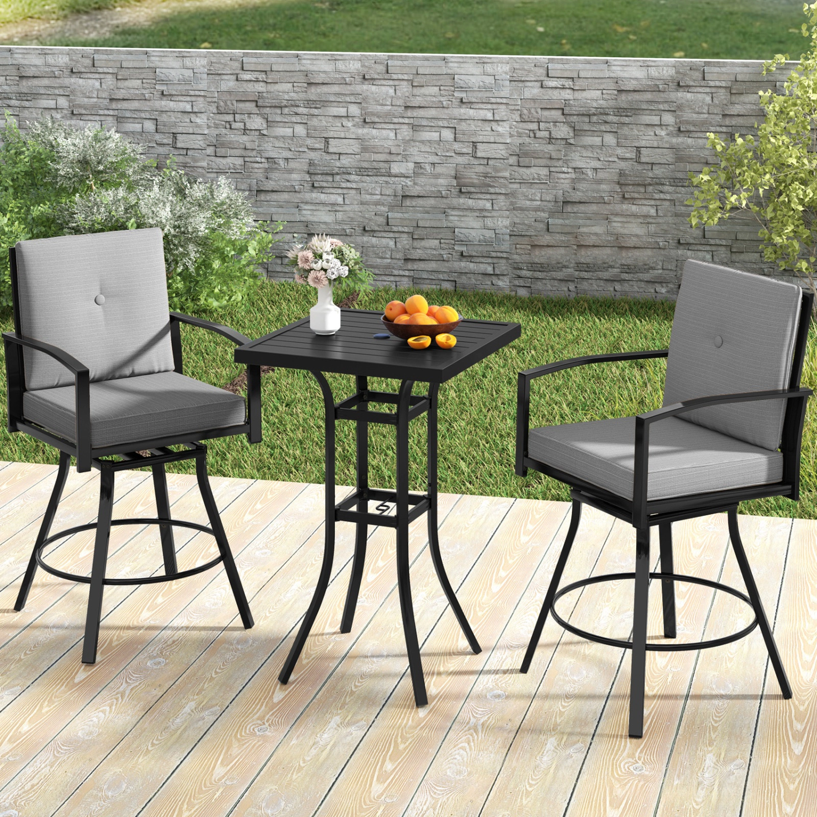 SUGIFT 3-Piece 360-Degree Swivel Stools Cushions Umbrella Hole Patio Bar Set 25-in x 25-in 180-lb Capacity Gray