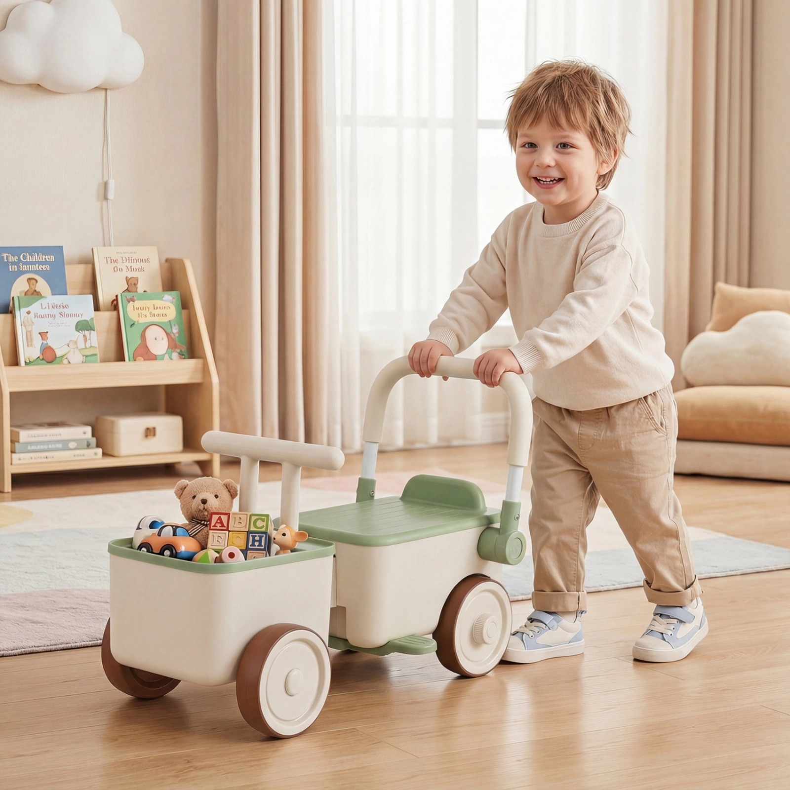 Kids Push Car 3-in-1 Ride On Toy Front Tow Rope Ergonomic Handlebar Deep Storage Ages 3-6 Green Toddler Sliding Car