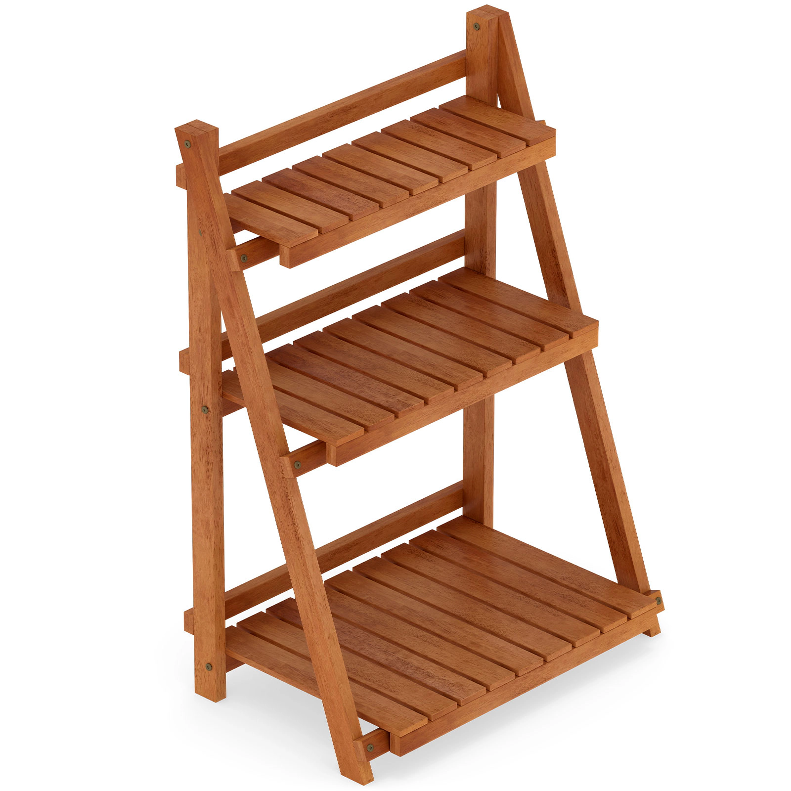 Slickblue Wooden 3 Tier Plant Shelf Foldable Ladder Rack for Indoor Balcony Garden Plants